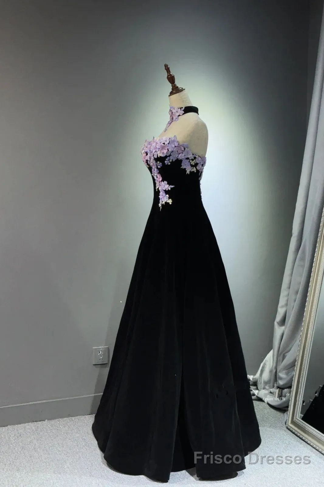 A-Line Black Velvet Long Party Dress With Lace Applique, Black Velvet Prom Dress