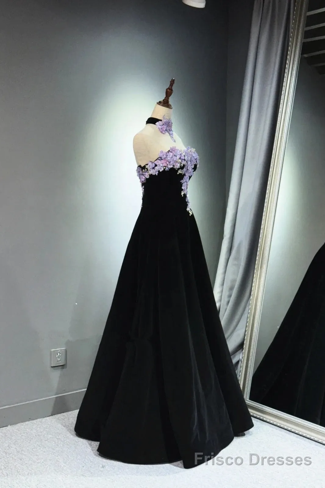 A-Line Black Velvet Long Party Dress With Lace Applique, Black Velvet Prom Dress
