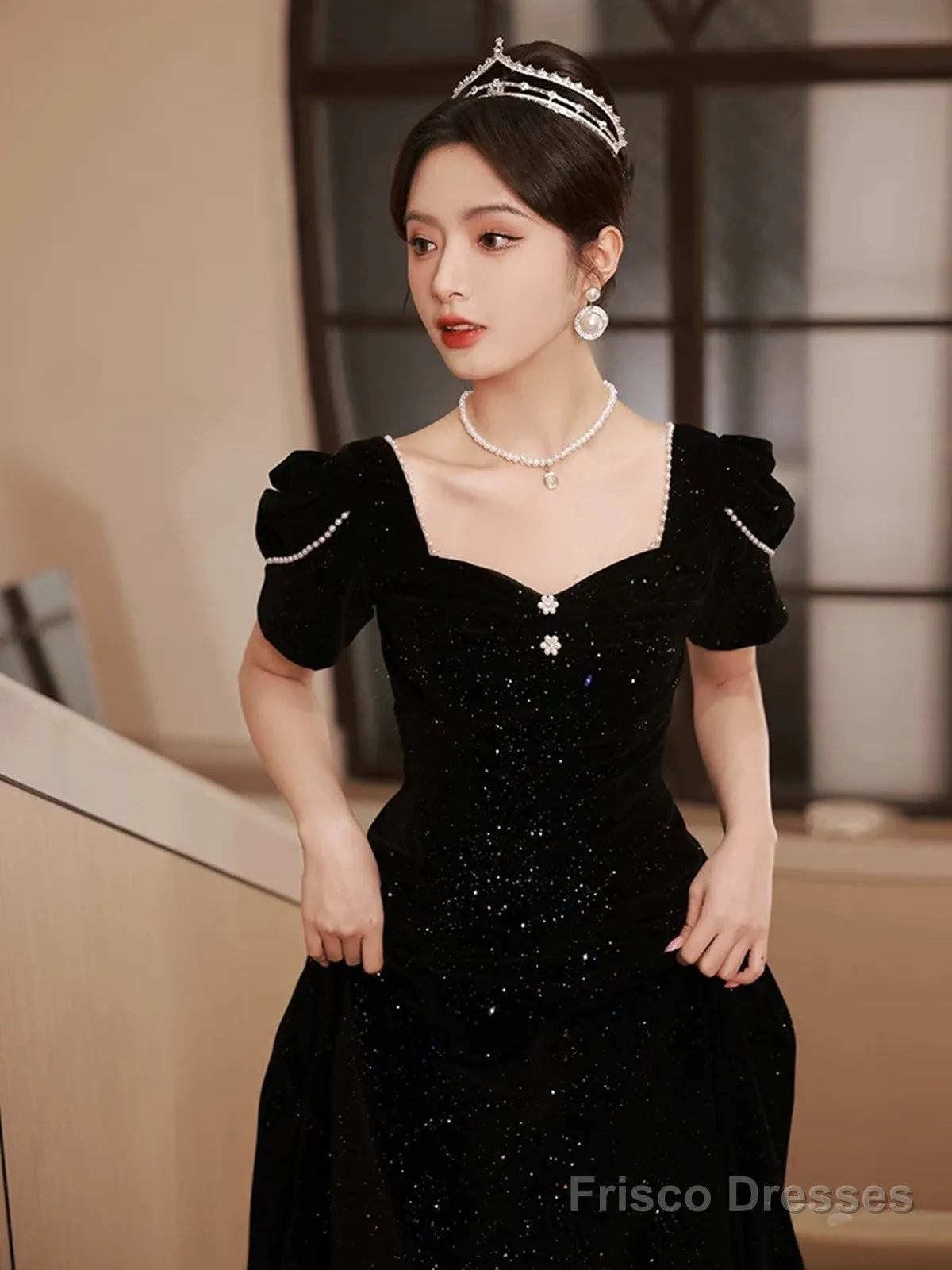 A-Line Black Velvet Long Simple Floor Length Prom Dress, Black Velvet Party Dress