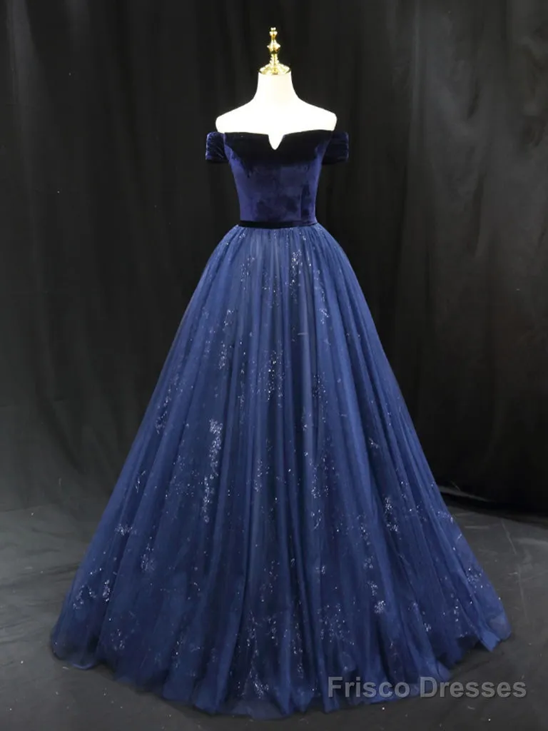 A-Line Blue Tulle Velvet Long Prom Dress, Blue Formal Evening Dress