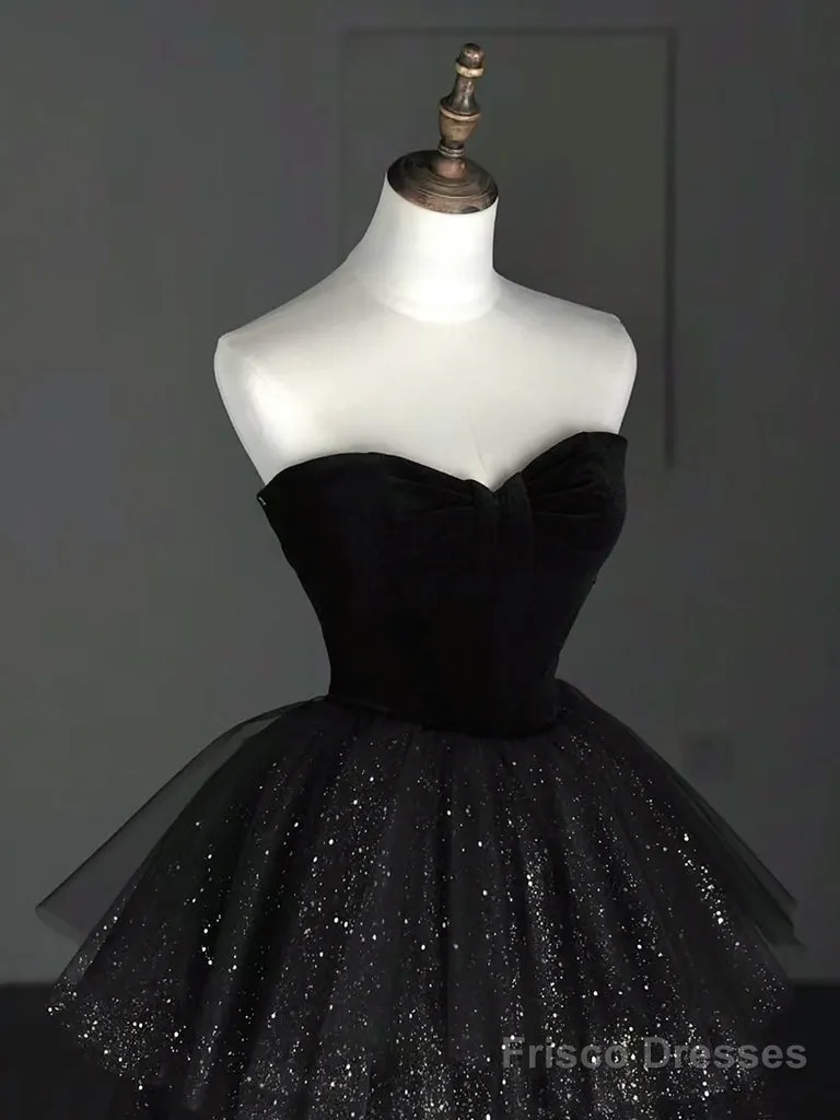 A-Line Sweetheart Neck Tulle Velvet Black Long Prom Dress, Black Evening Dress