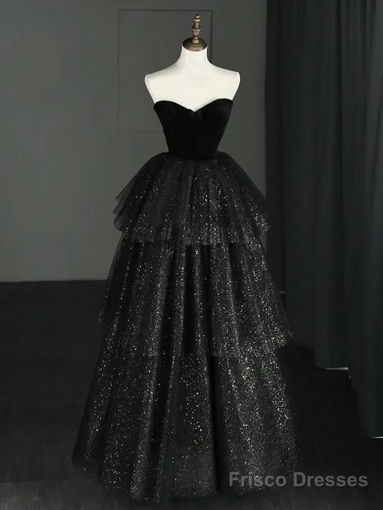 A-Line Sweetheart Neck Tulle Velvet Black Long Prom Dress, Black Evening Dress