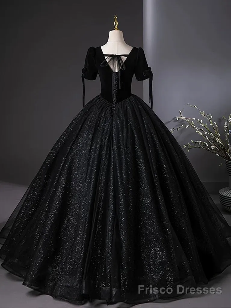 A-Line Tulle Velvet Sequin Black Long Prom Dress, Black Long Evening Dress