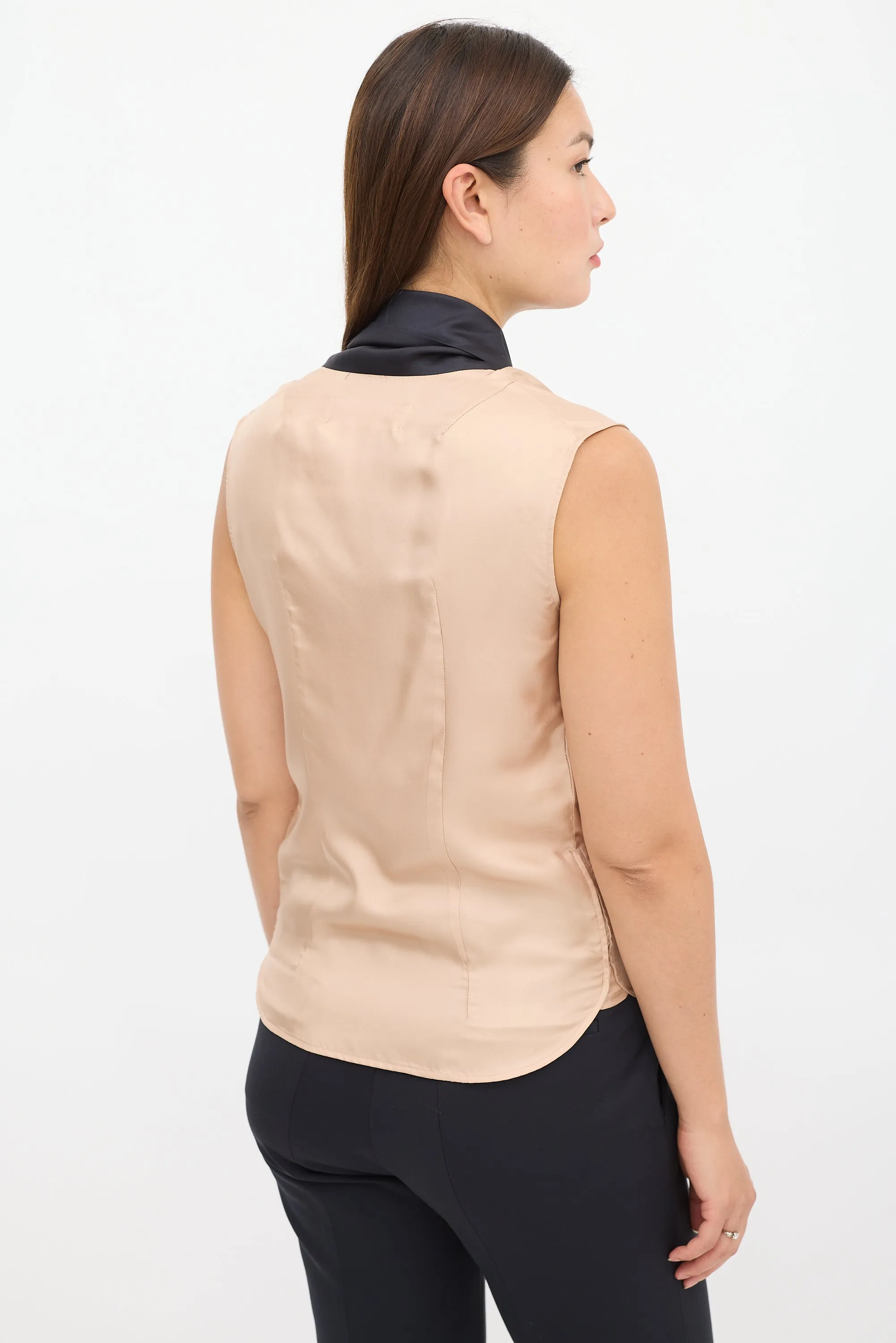 Beige & Black Silk Tie Top
