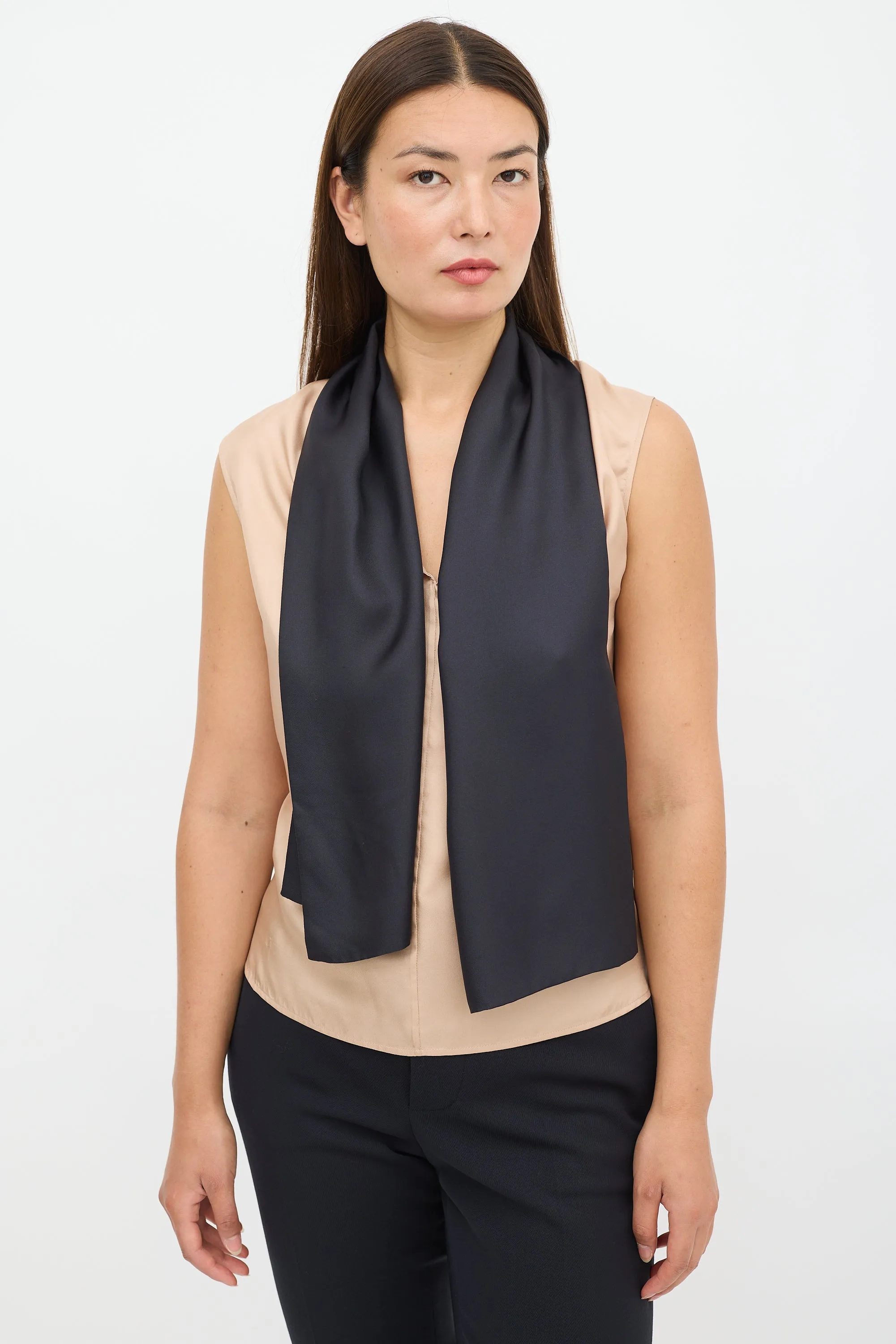 Beige & Black Silk Tie Top