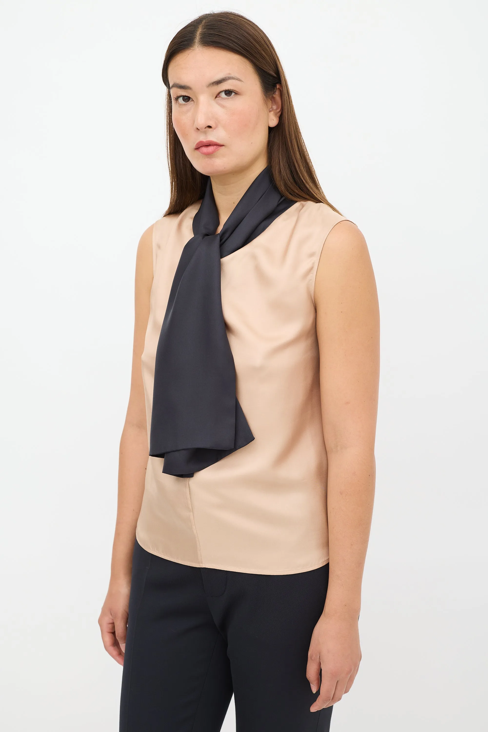Beige & Black Silk Tie Top