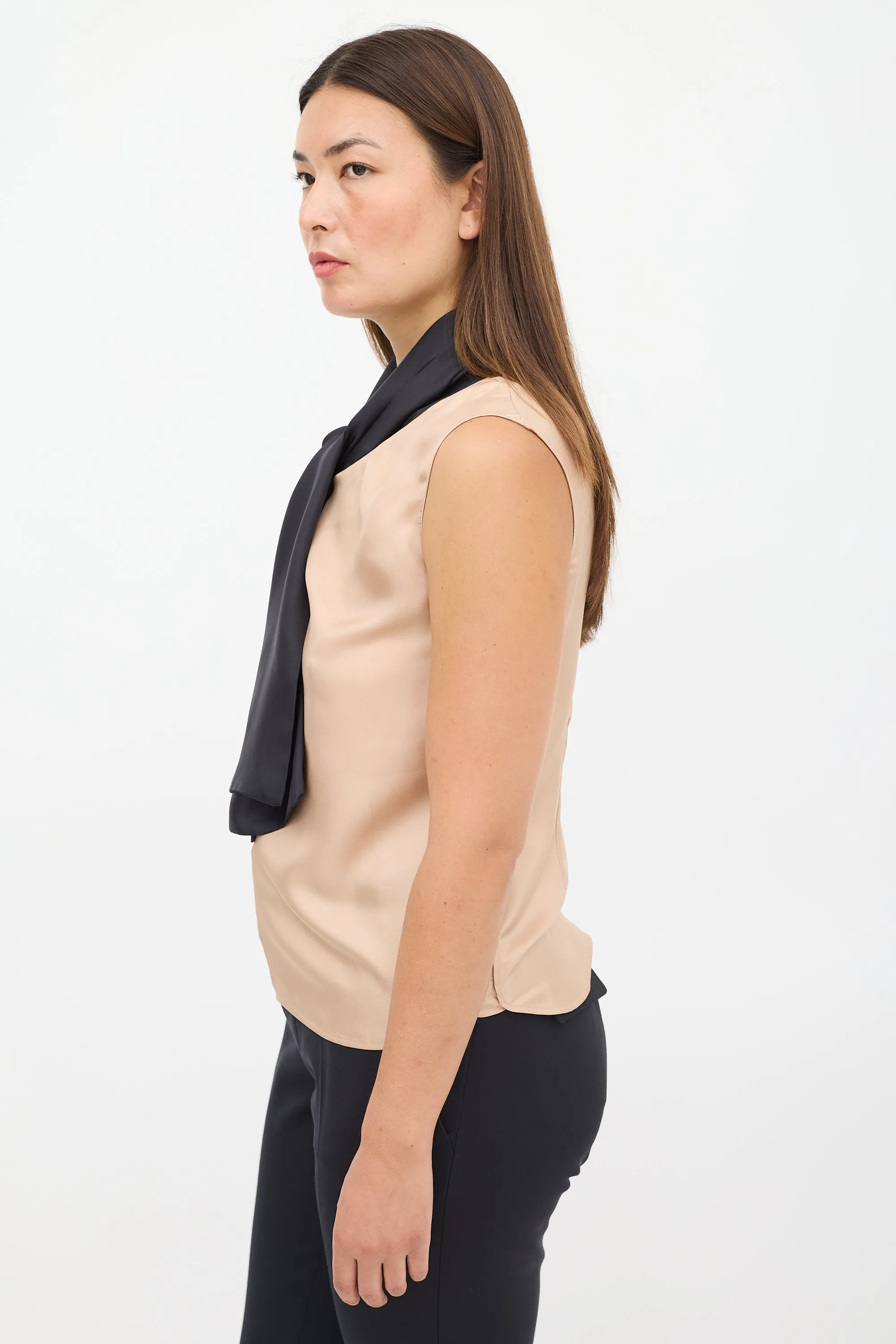 Beige & Black Silk Tie Top