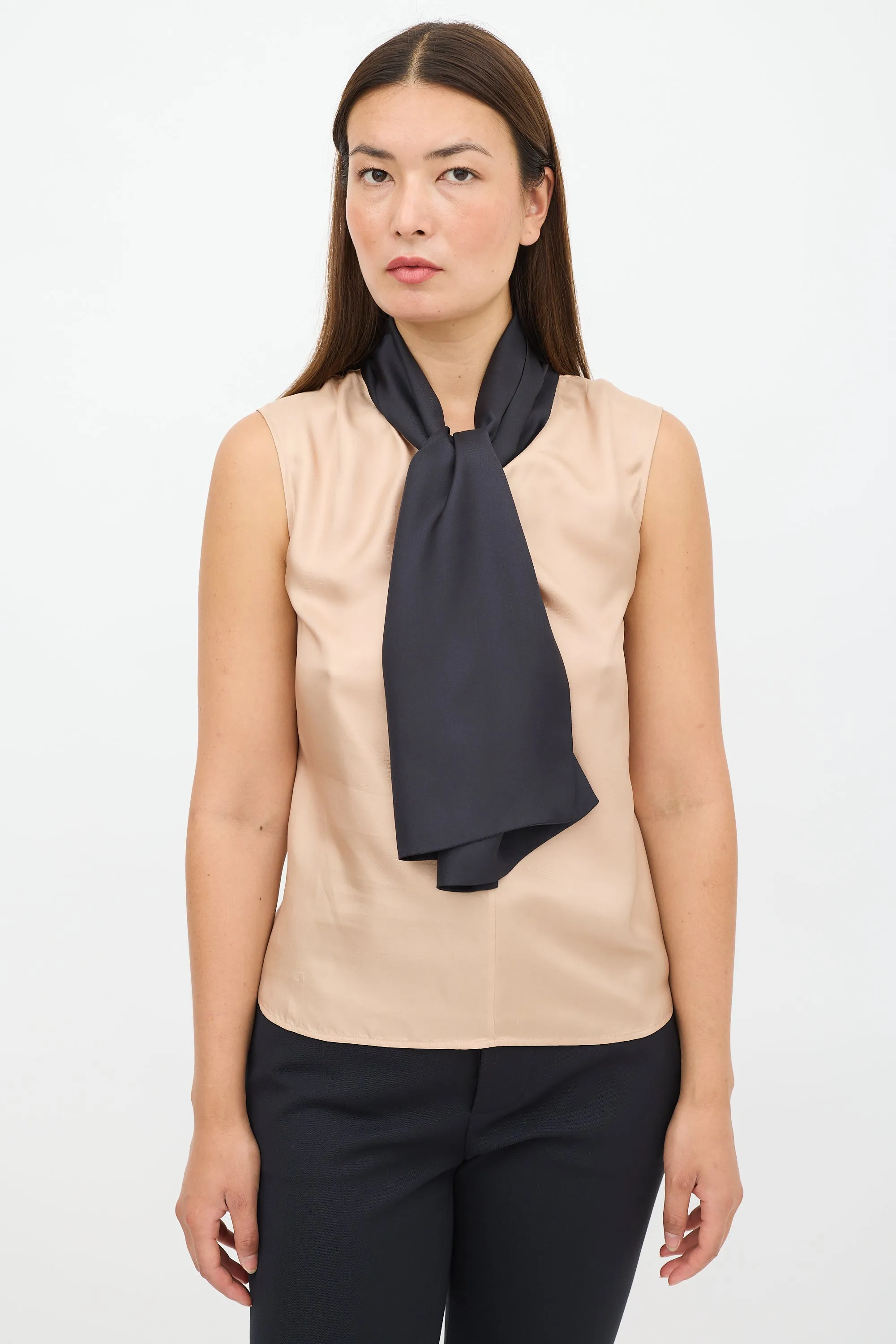 Beige & Black Silk Tie Top