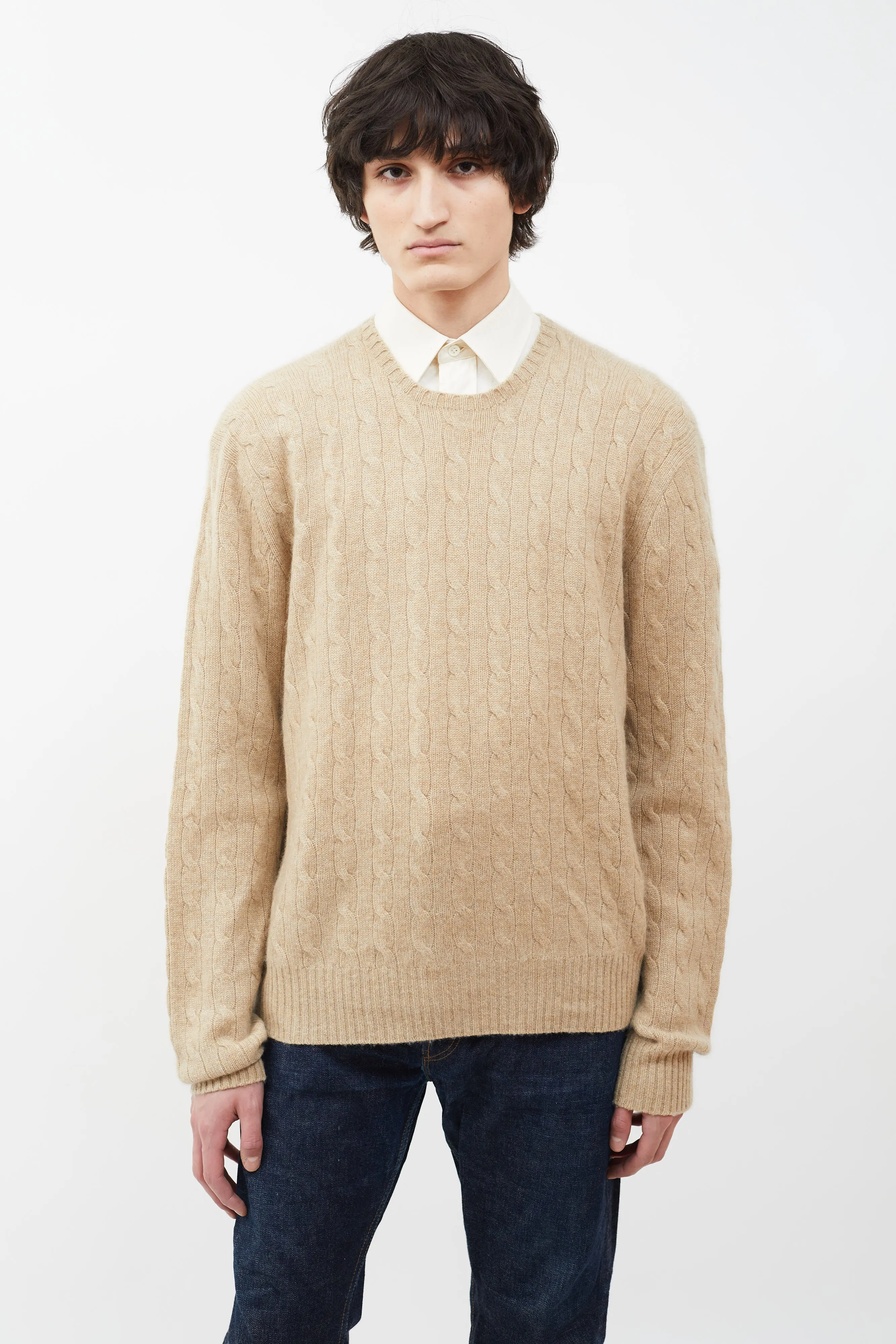 Beige Cable Knit Cashmere Sweater