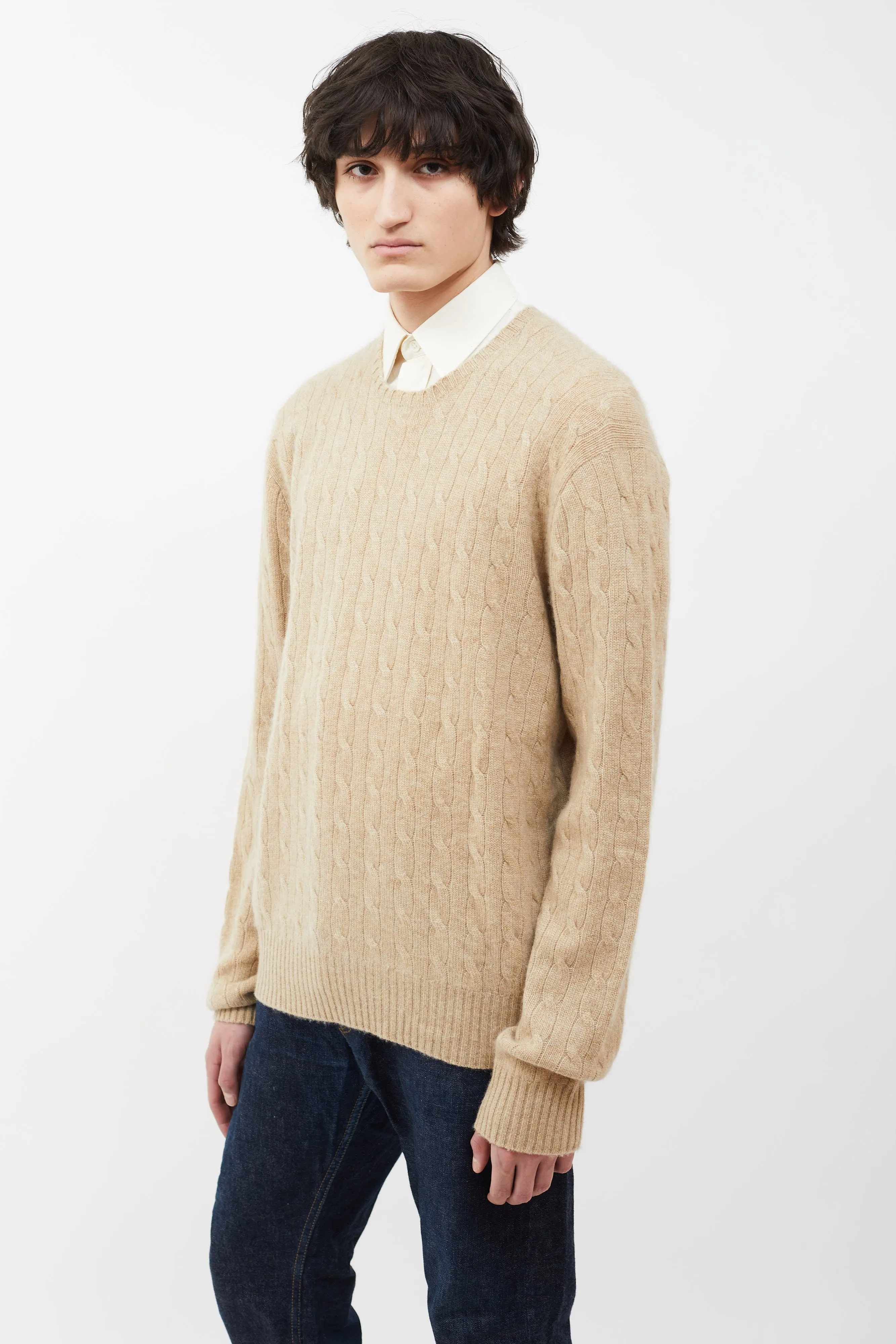 Beige Cable Knit Cashmere Sweater