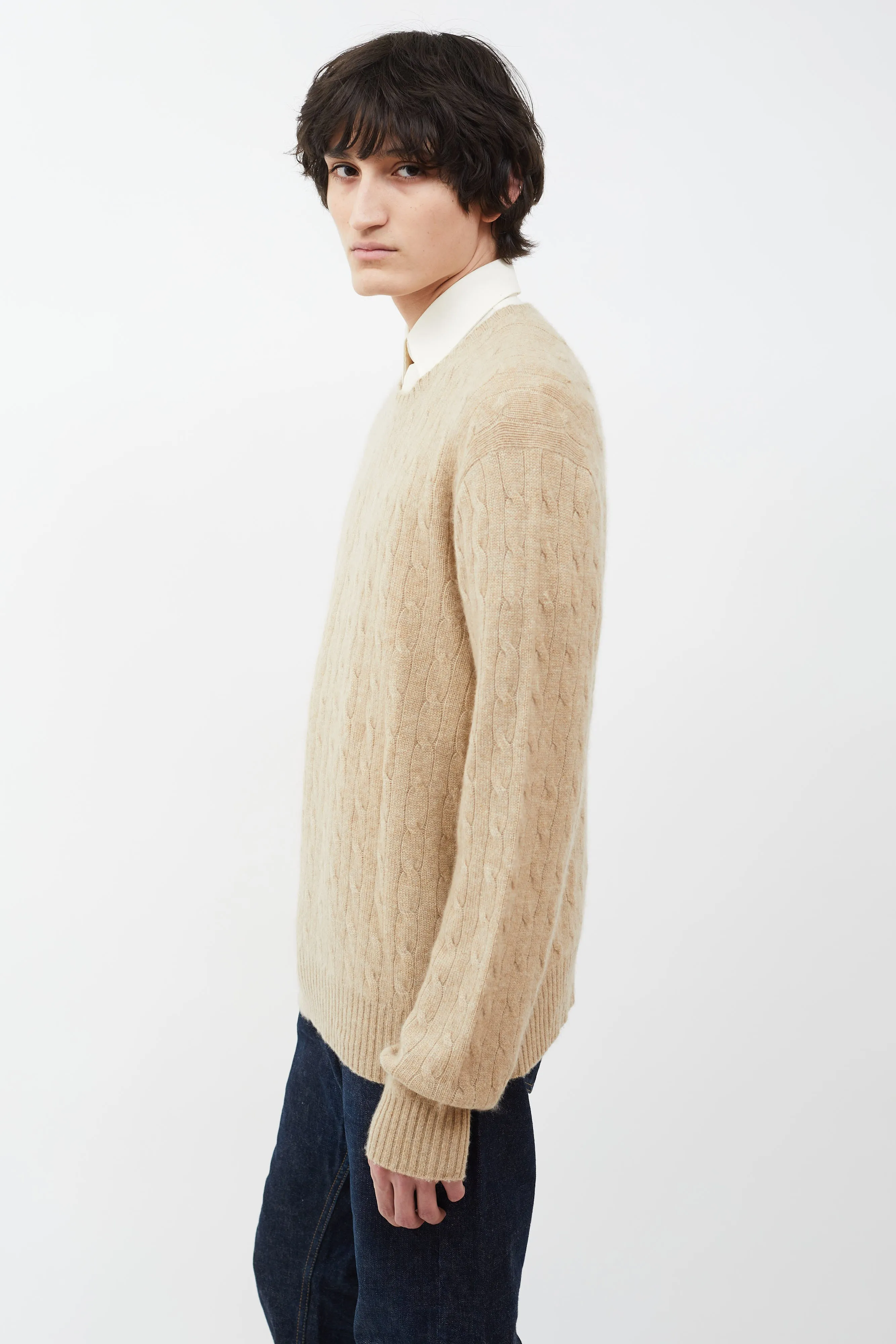 Beige Cable Knit Cashmere Sweater