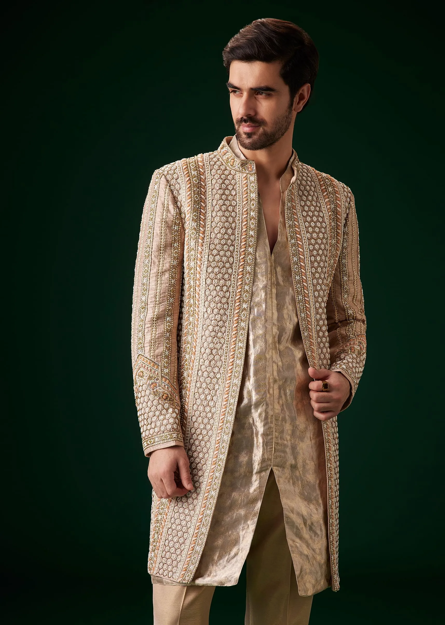 Beige Raw Silk Indowestern Sherwani Set
