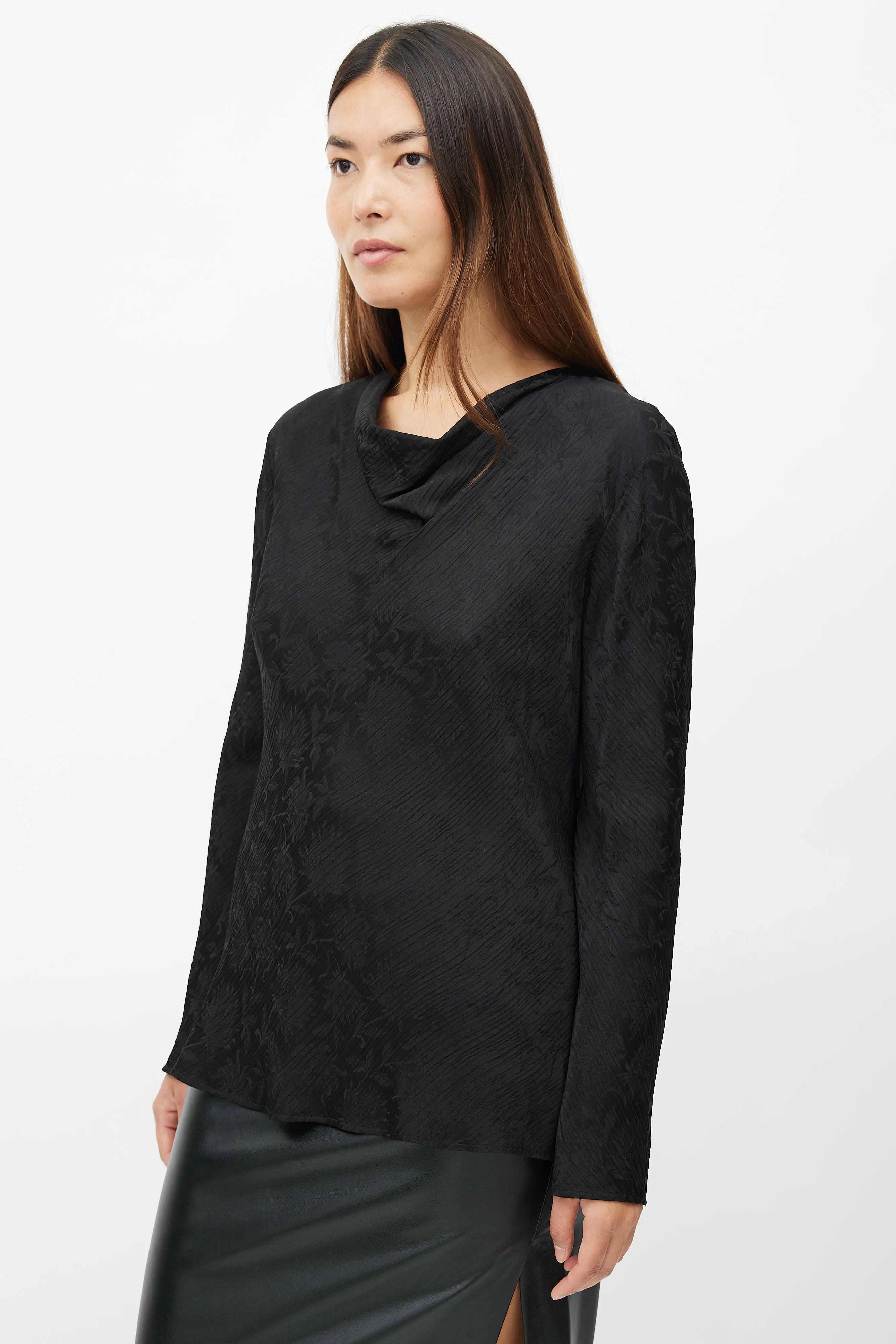 Black Floral Pleated Silk Top