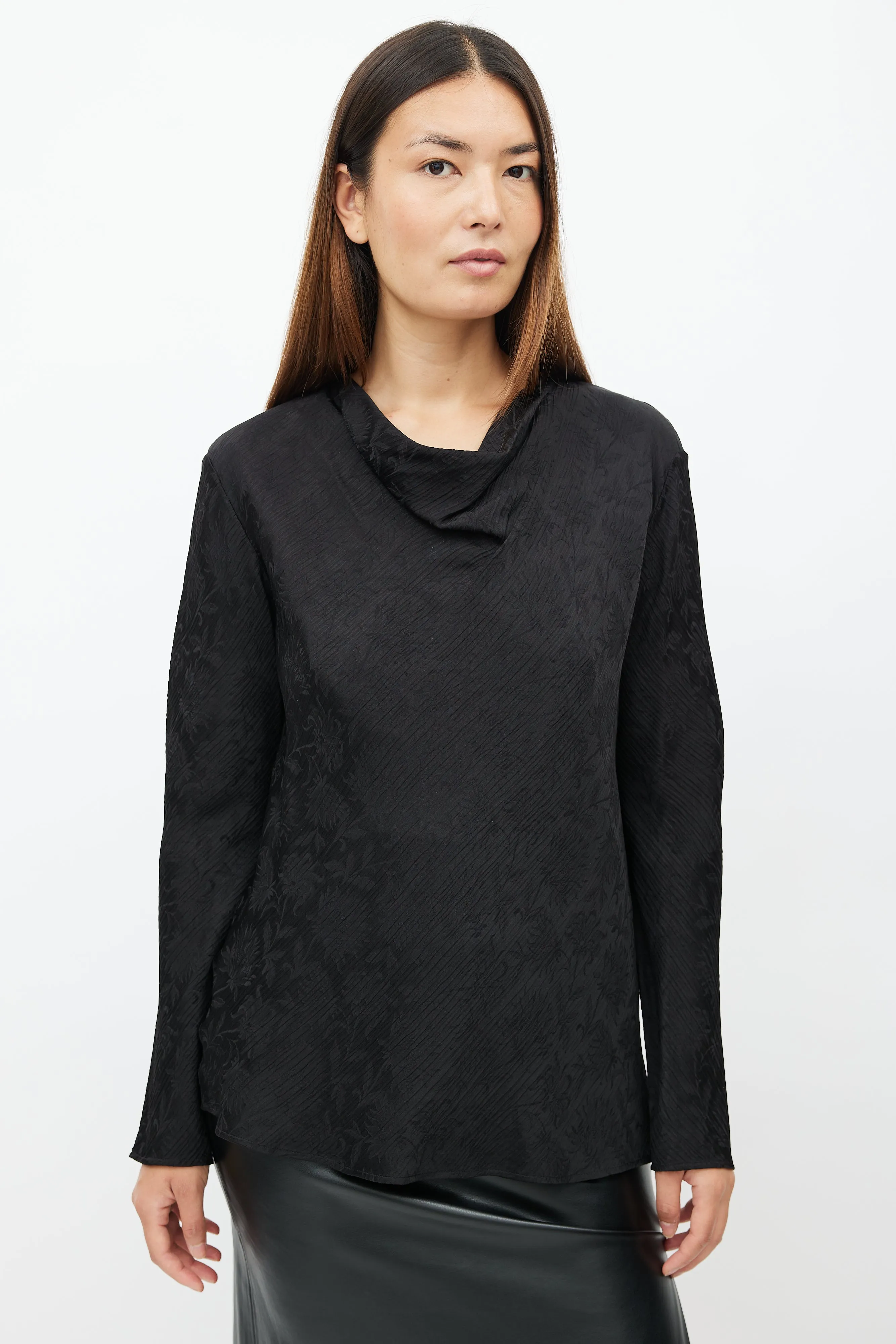 Black Floral Pleated Silk Top