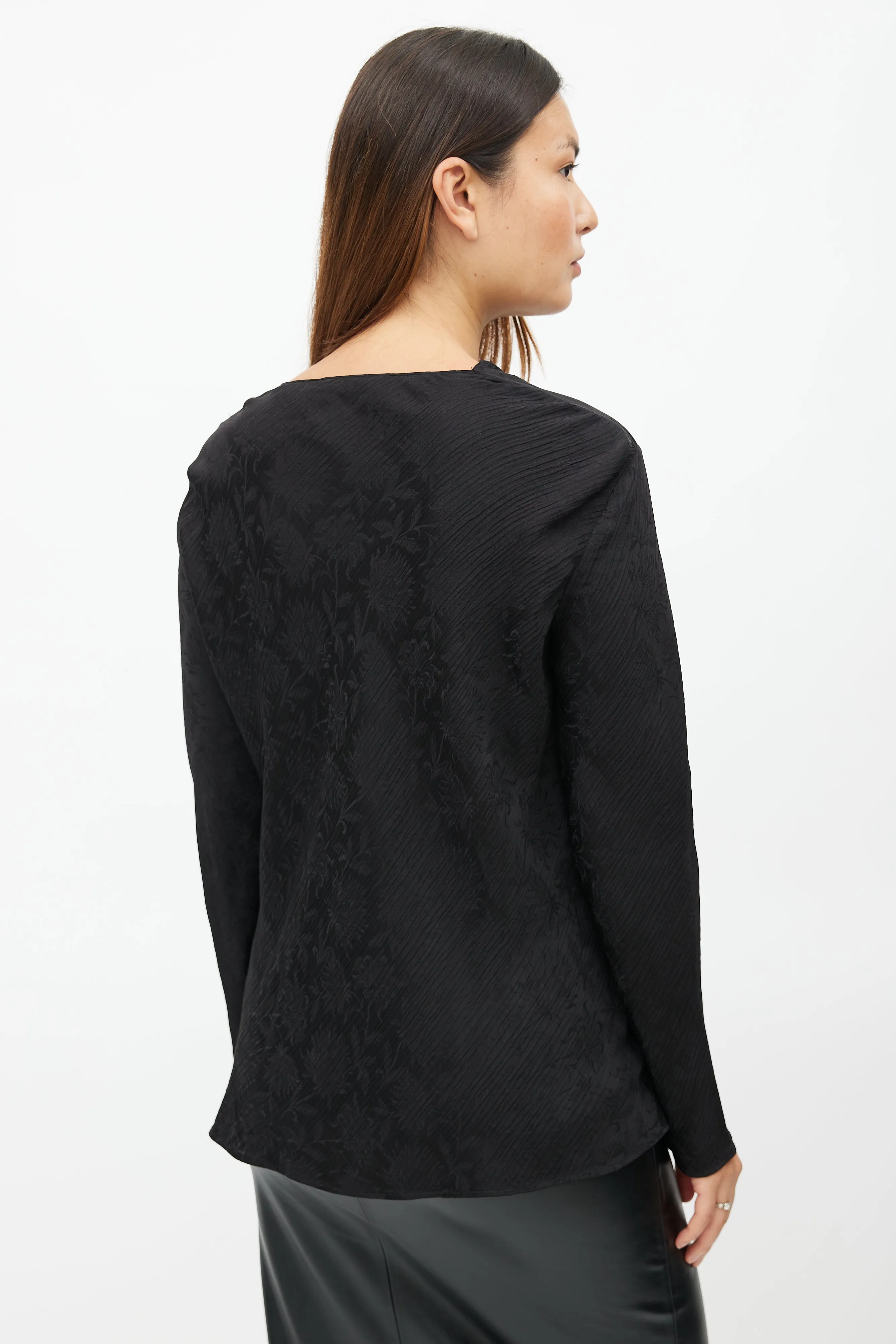 Black Floral Pleated Silk Top