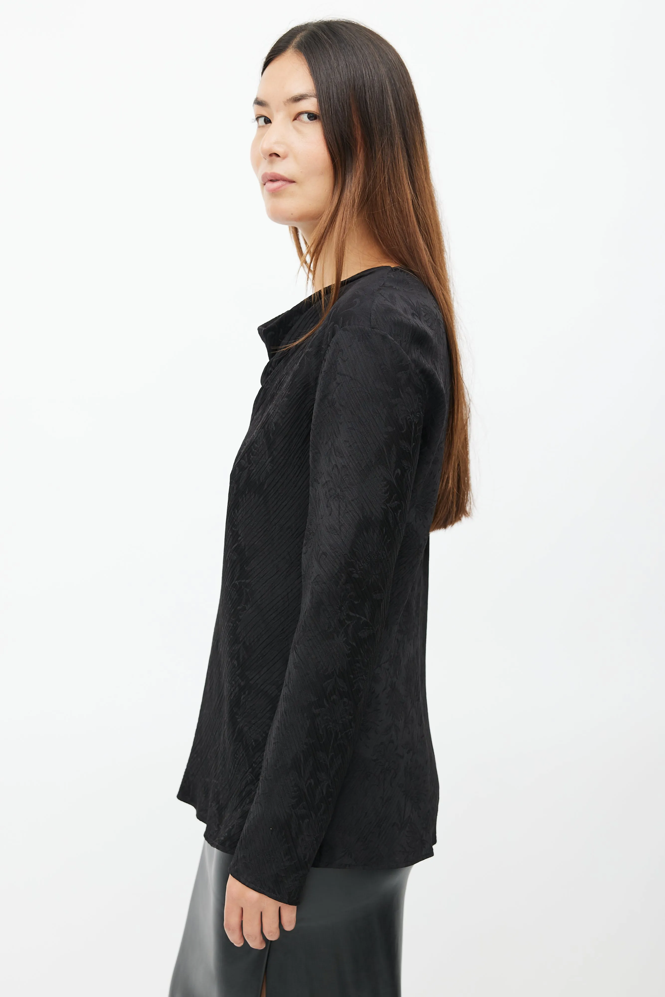 Black Floral Pleated Silk Top