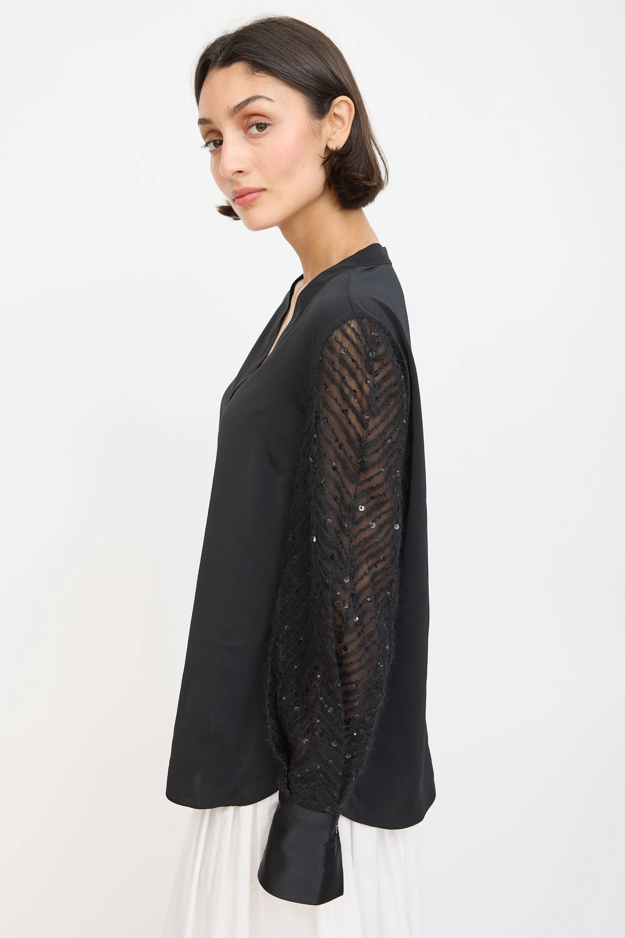 Black Silk & Mohair Sequinned Sleeve Top