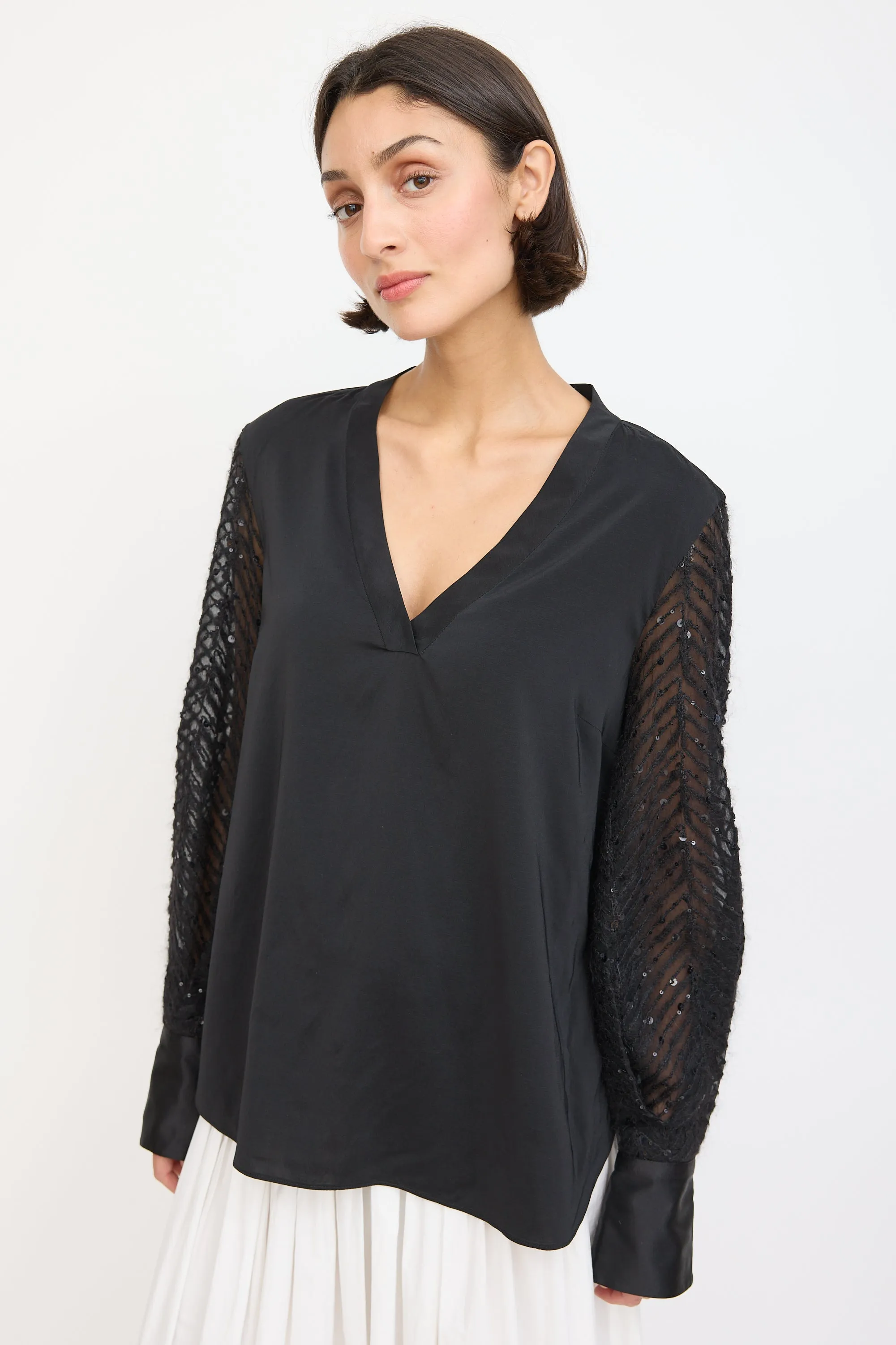 Black Silk & Mohair Sequinned Sleeve Top