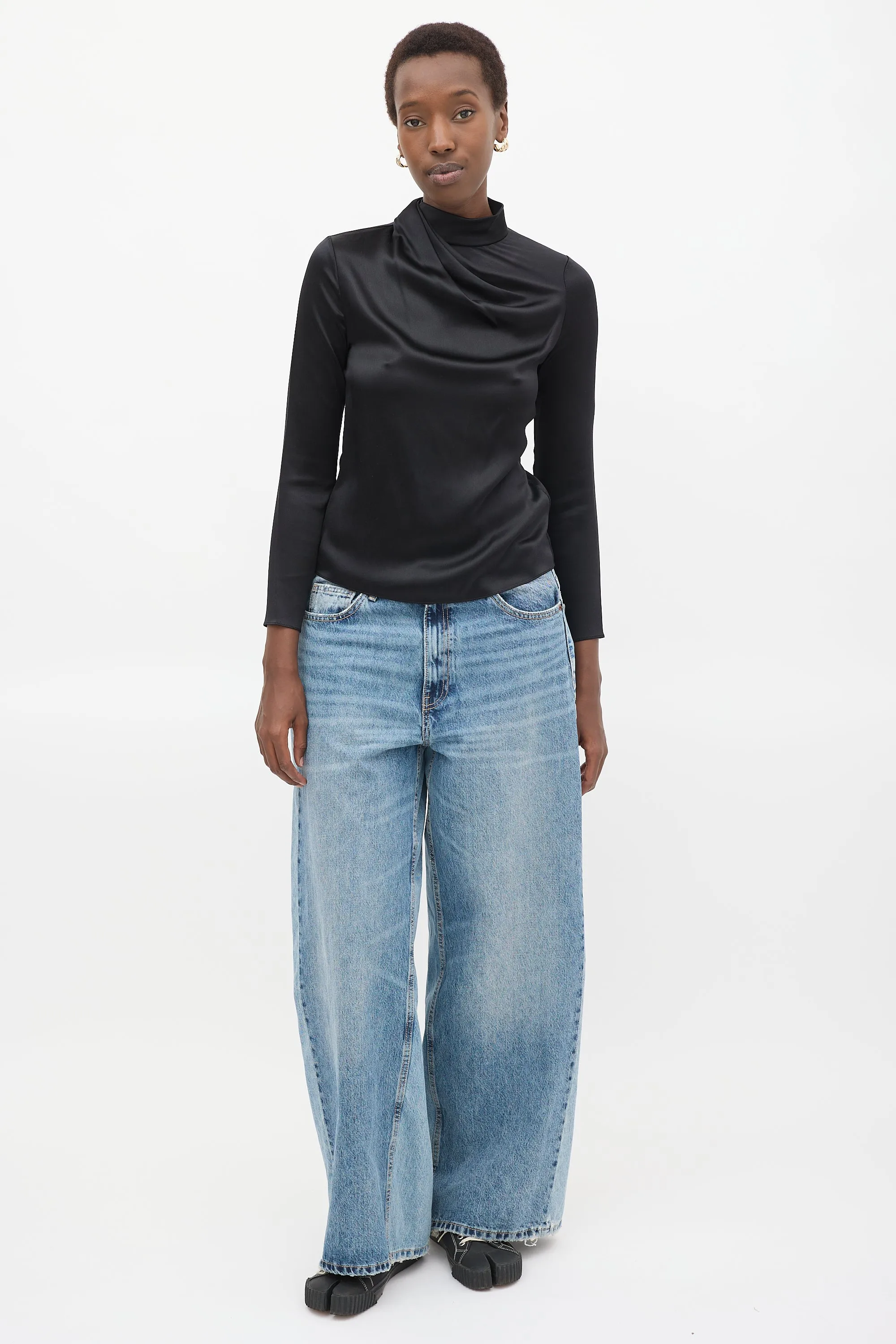 Black Silk Draped High Neck  Top