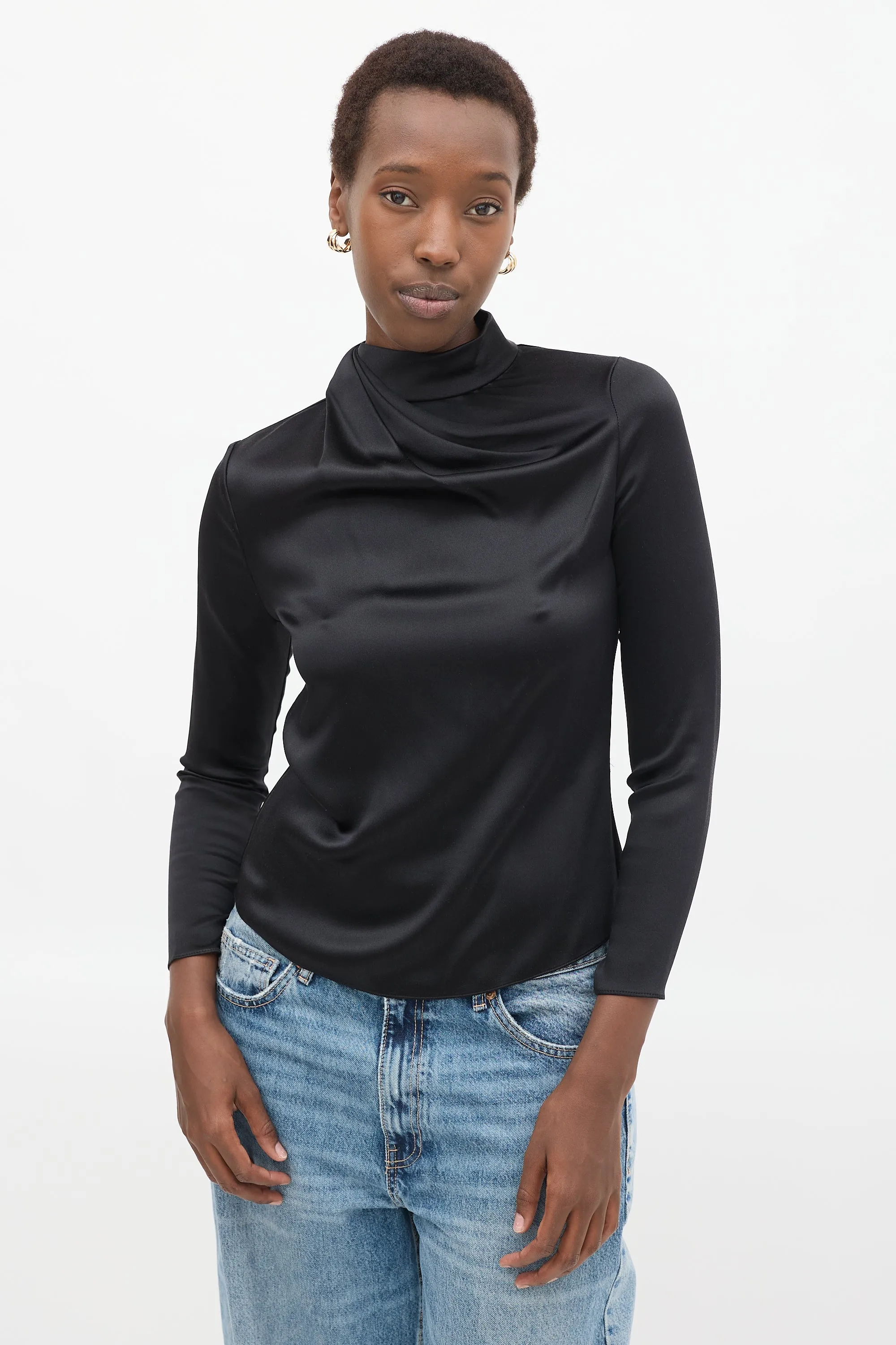 Black Silk Draped High Neck  Top