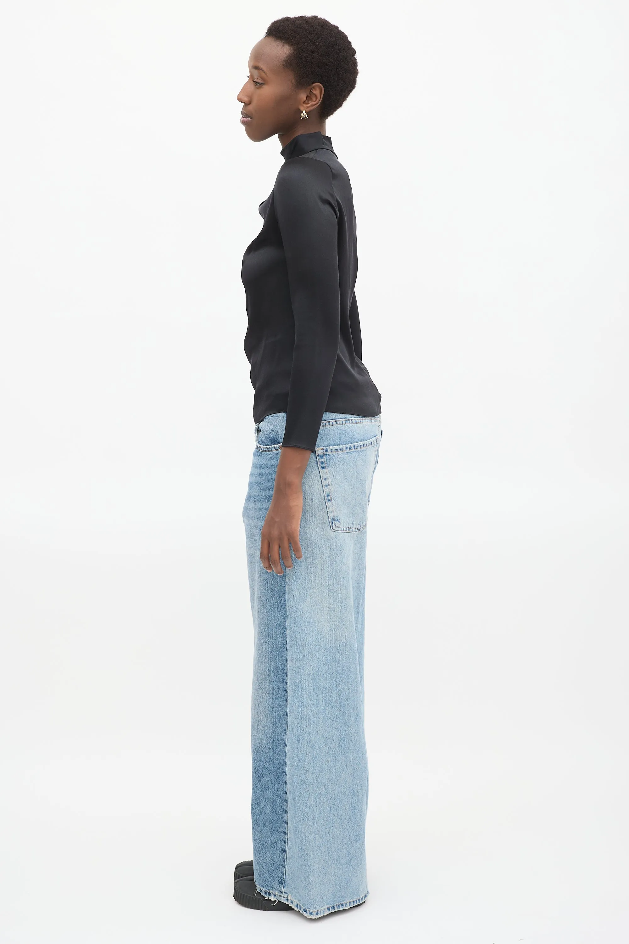 Black Silk Draped High Neck  Top