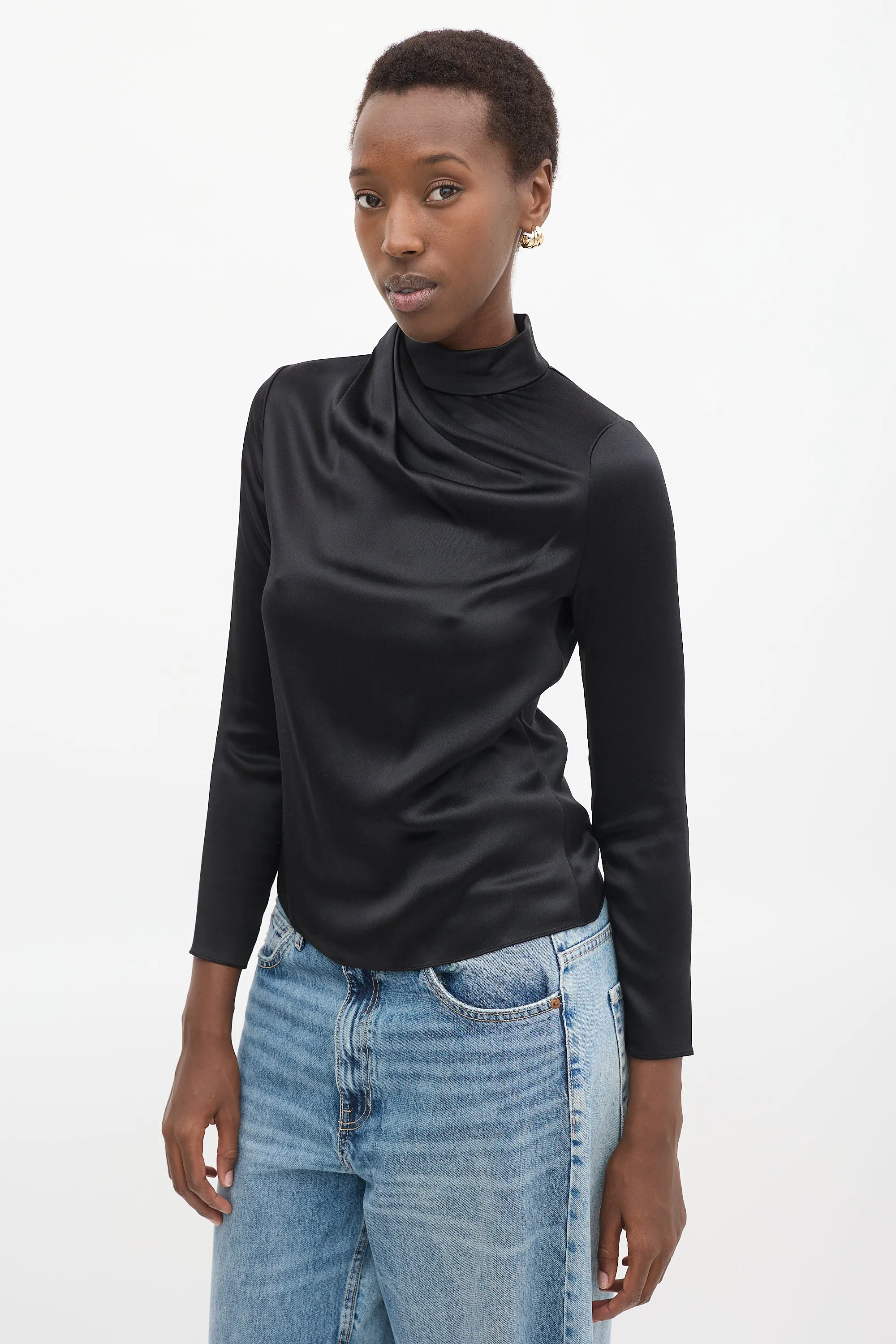 Black Silk Draped High Neck  Top
