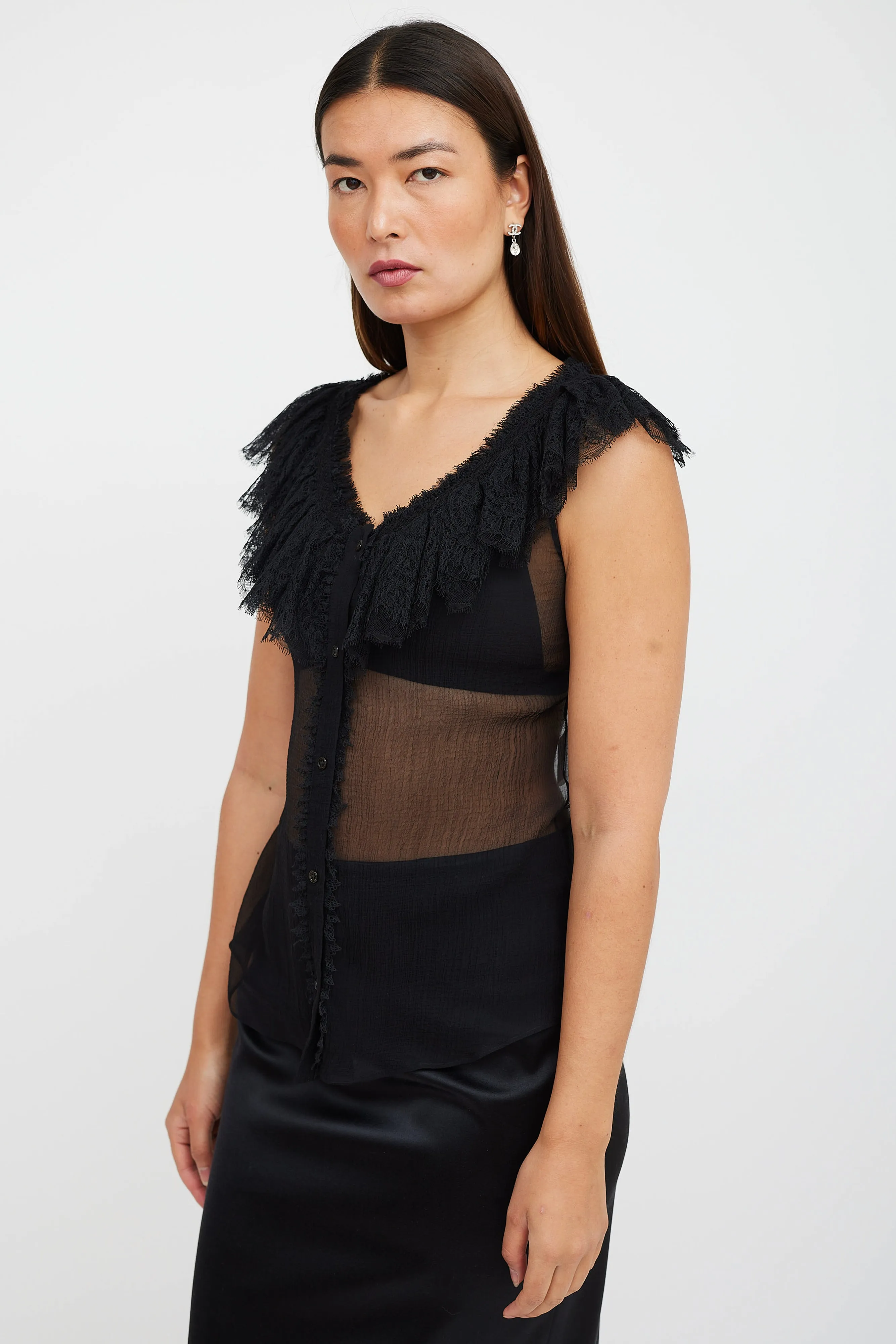 Black Silk Ruffled Lace Top