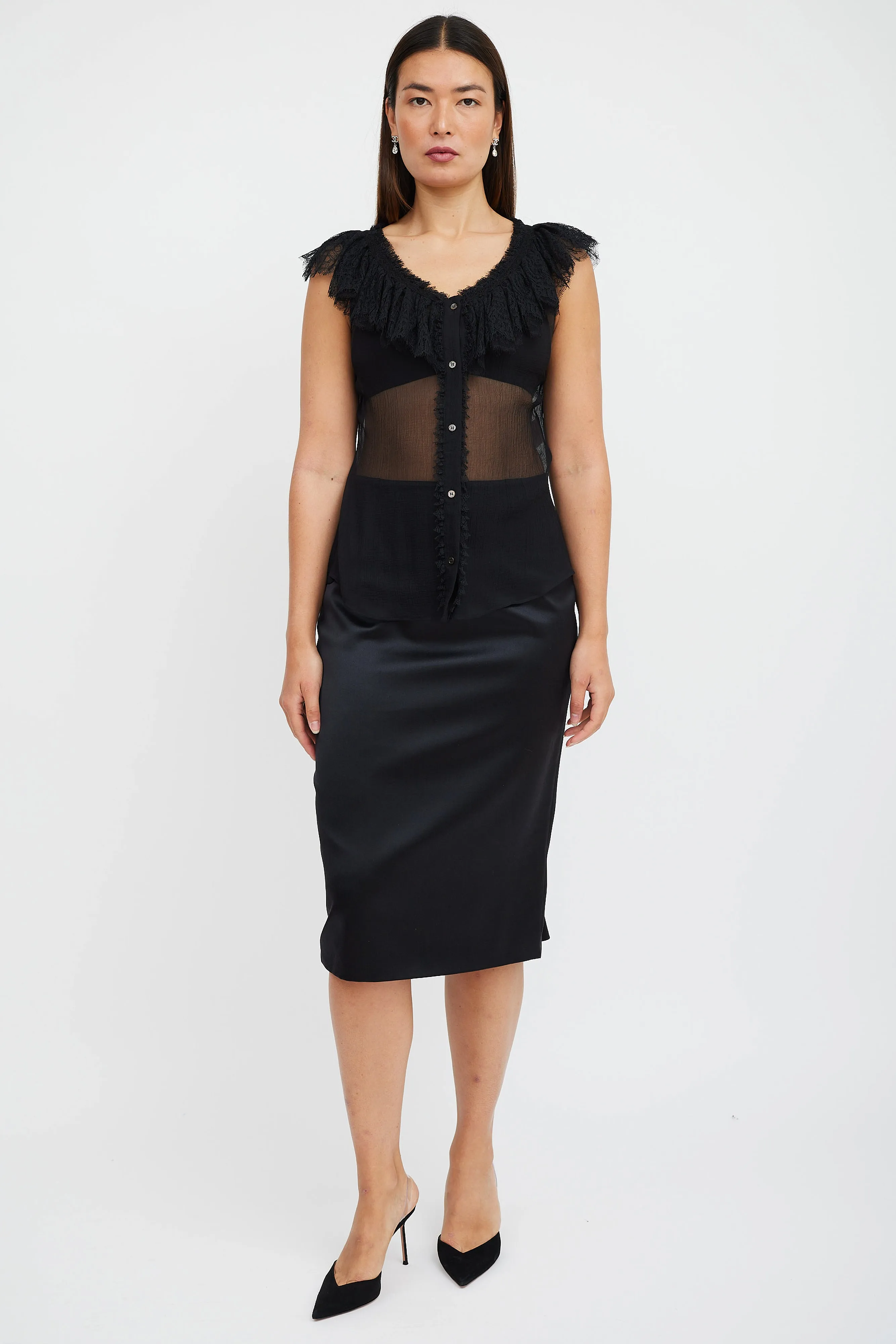Black Silk Ruffled Lace Top