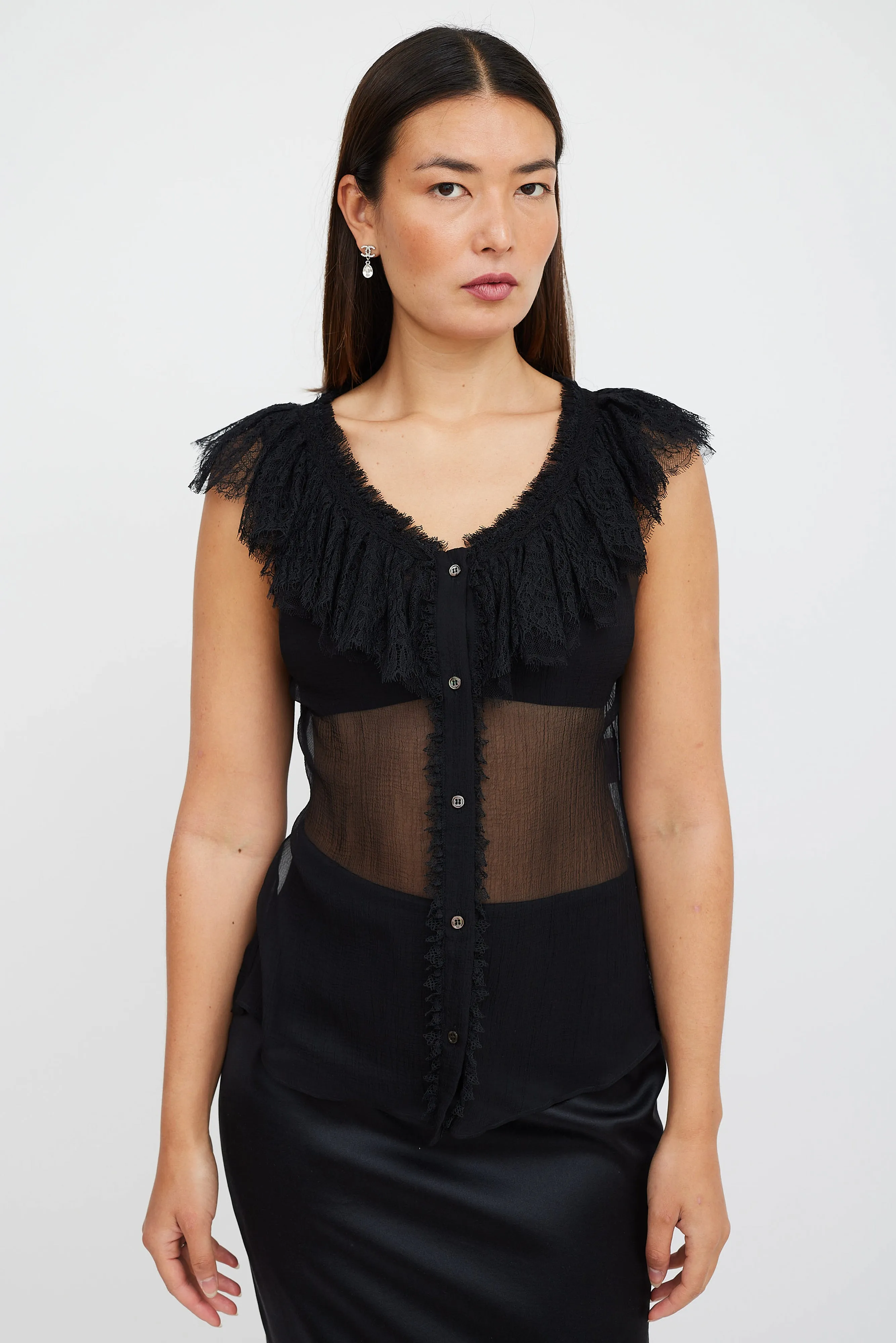 Black Silk Ruffled Lace Top
