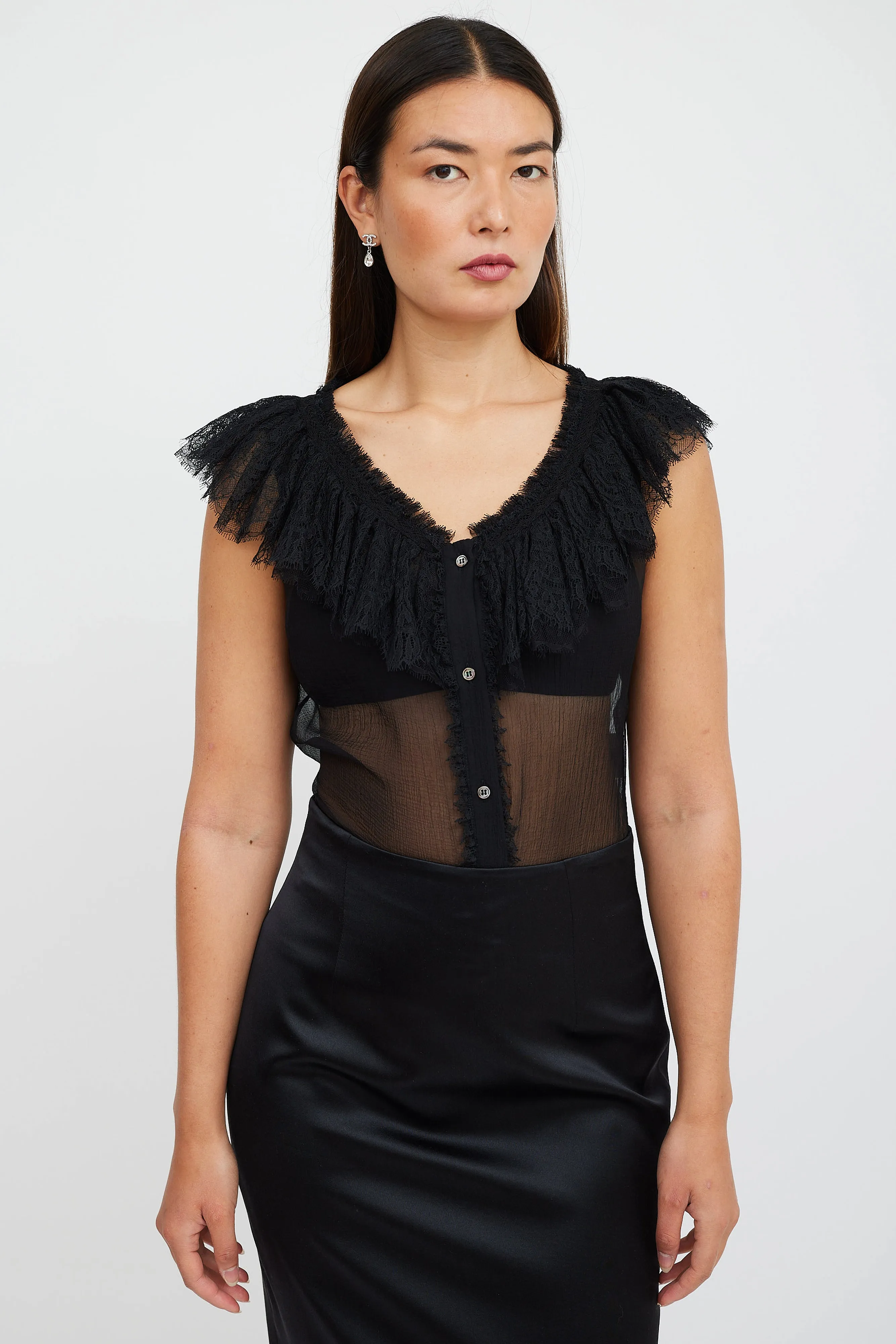 Black Silk Ruffled Lace Top