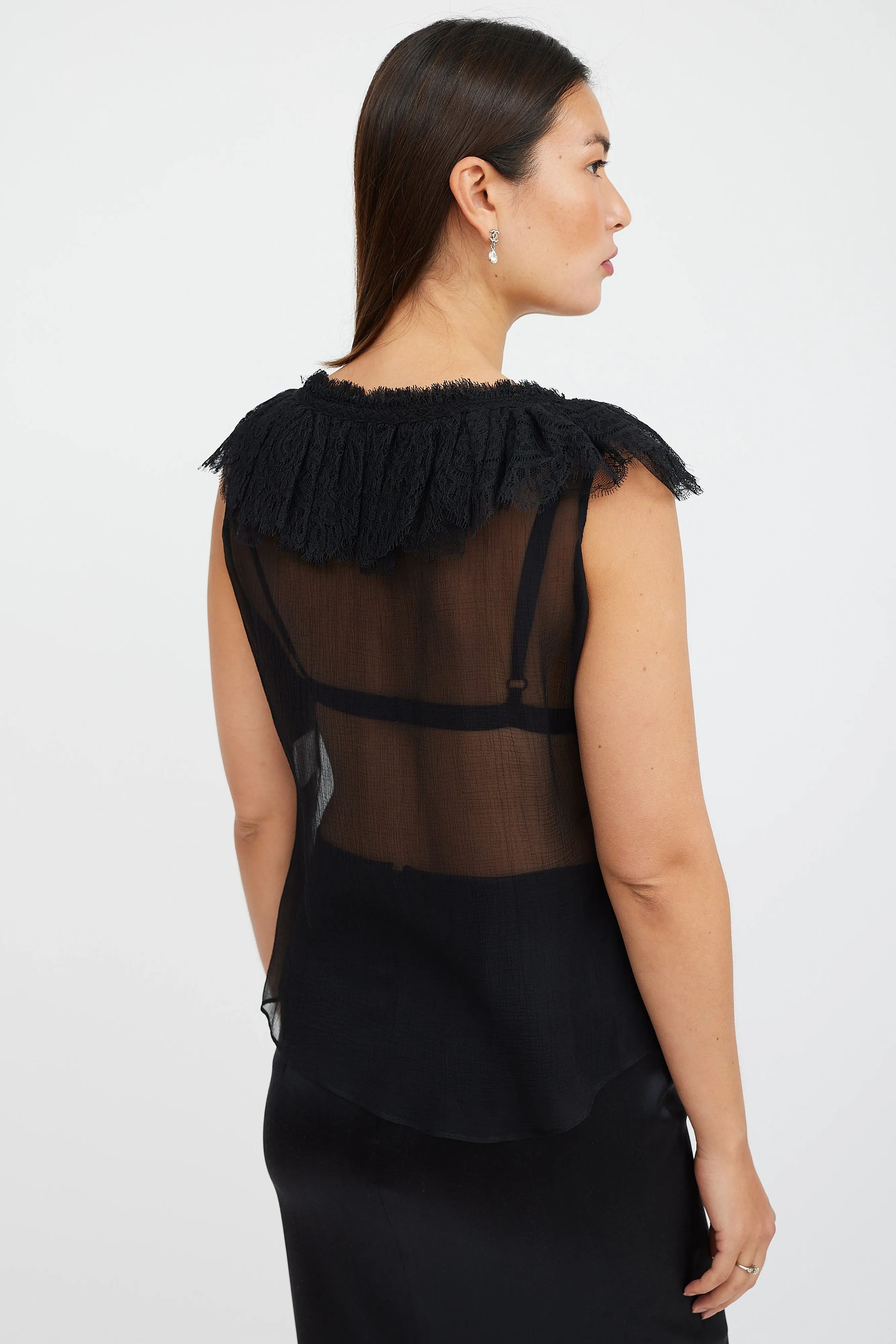 Black Silk Ruffled Lace Top