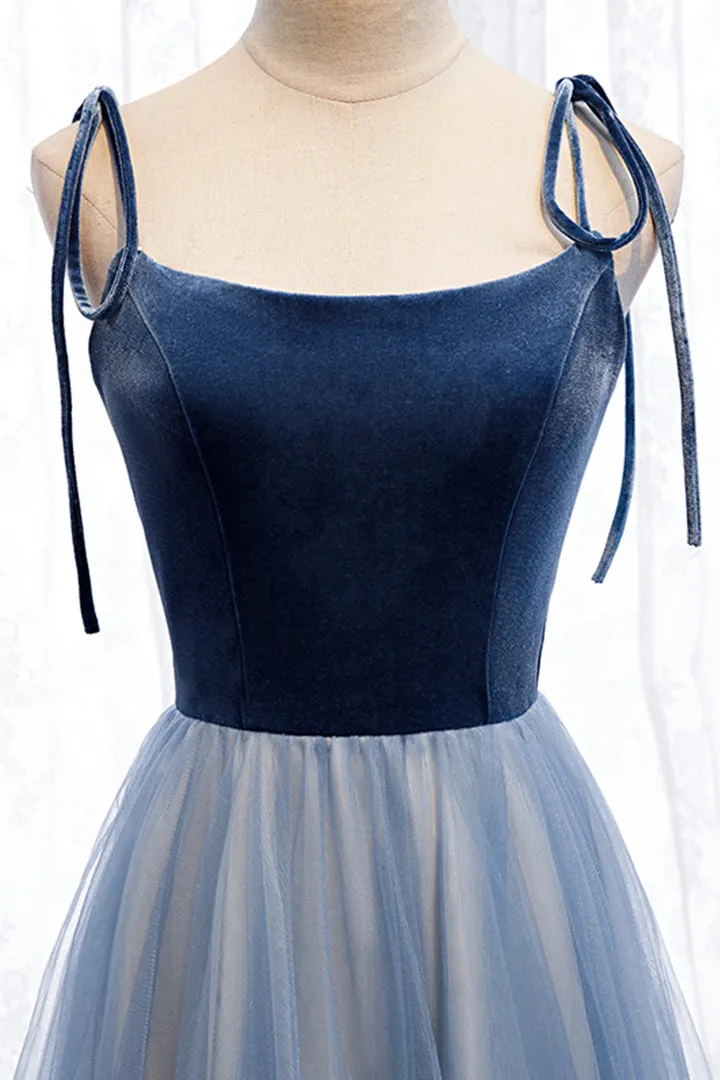 Blue Velvet Tulle Long Prom Dresses A-Line Evening Dresses Floor Length