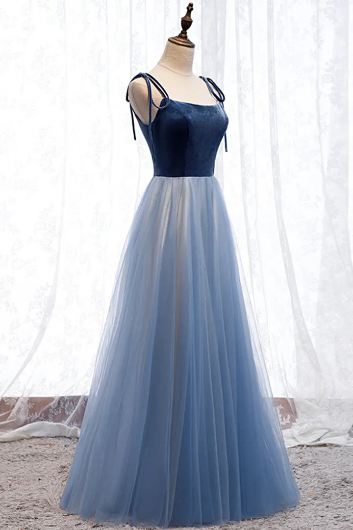 Blue Velvet Tulle Long Prom Dresses A-Line Evening Dresses Floor Length