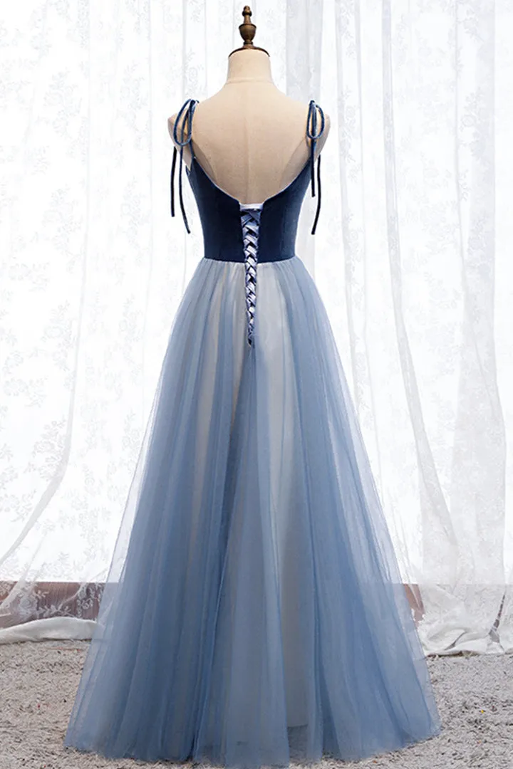 Blue Velvet Tulle Long Prom Dresses A-Line Evening Dresses Floor Length