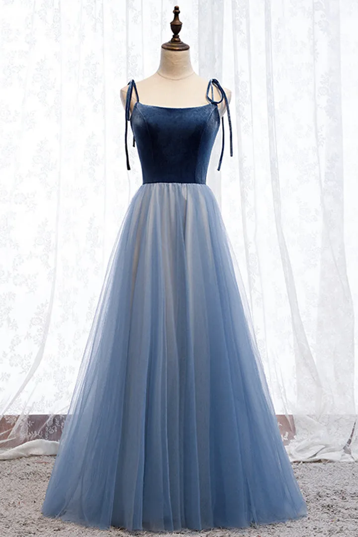Blue Velvet Tulle Long Prom Dresses A-Line Evening Dresses Floor Length