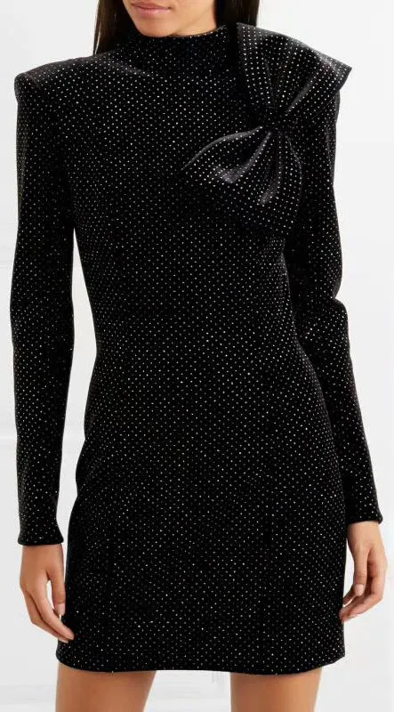 Bow-detailed glittered Velvet Mini Dress
