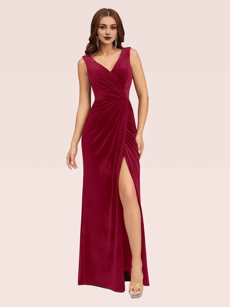 Bridesmaid Dresses V Neck Long Velvet Online With Slit