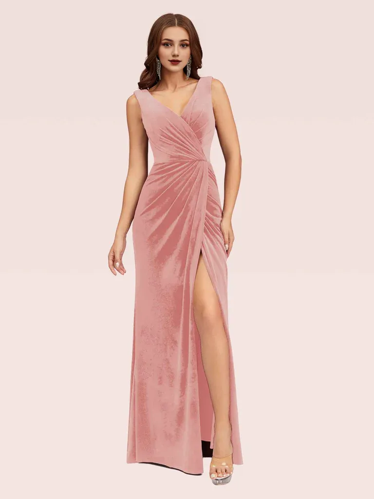 Bridesmaid Dresses V Neck Long Velvet Online With Slit