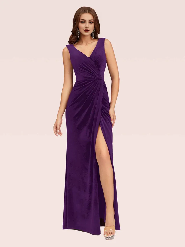 Bridesmaid Dresses V Neck Long Velvet Online With Slit