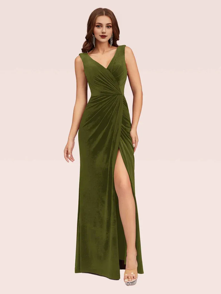 Bridesmaid Dresses V Neck Long Velvet Online With Slit