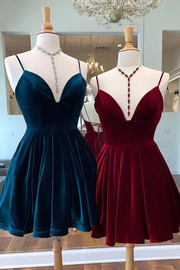 Burgundy V-Neck Velvet Short Prom Dresses A-Line Party Dresses Homecoming Dress