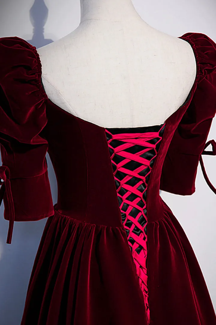 Burgundy Velvet Long Prom Dresses A-Line Short Sleeve Evening Dresses Floor Length
