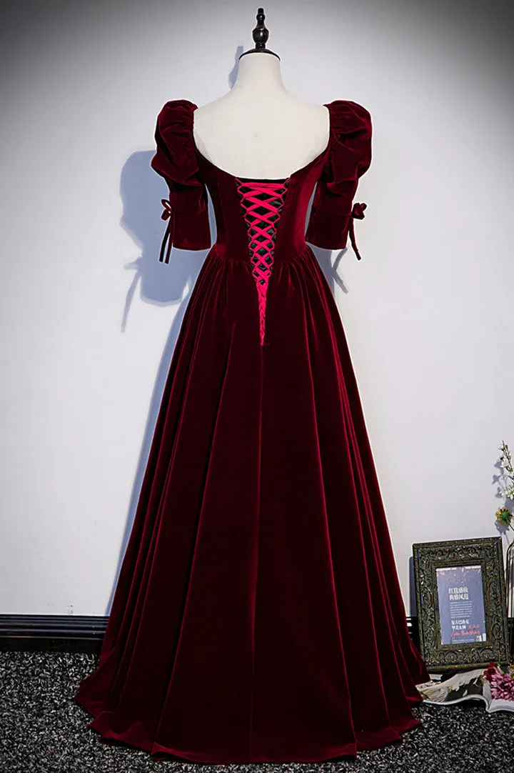 Burgundy Velvet Long Prom Dresses A-Line Short Sleeve Evening Dresses Floor Length