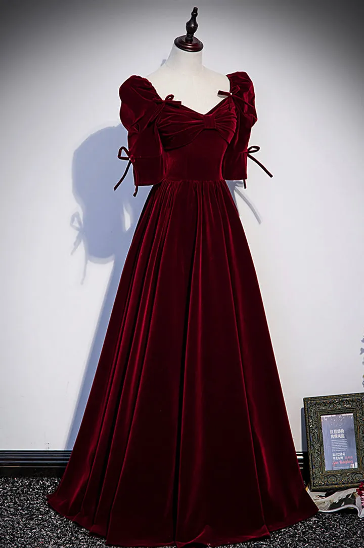 Burgundy Velvet Long Prom Dresses A-Line Short Sleeve Evening Dresses Floor Length