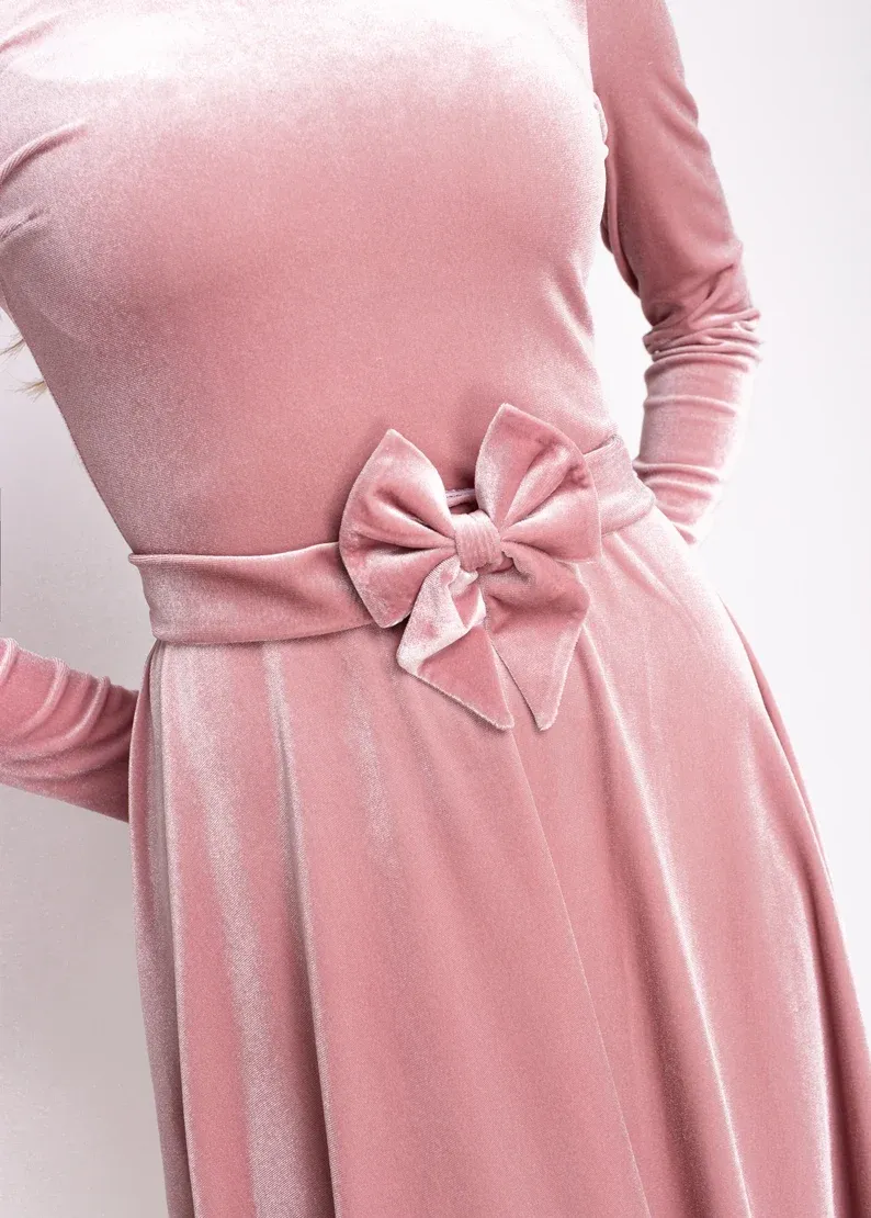 Elegant Velvet Dress Ruched Long Sleeve Formal Dress for Prom Dresses
