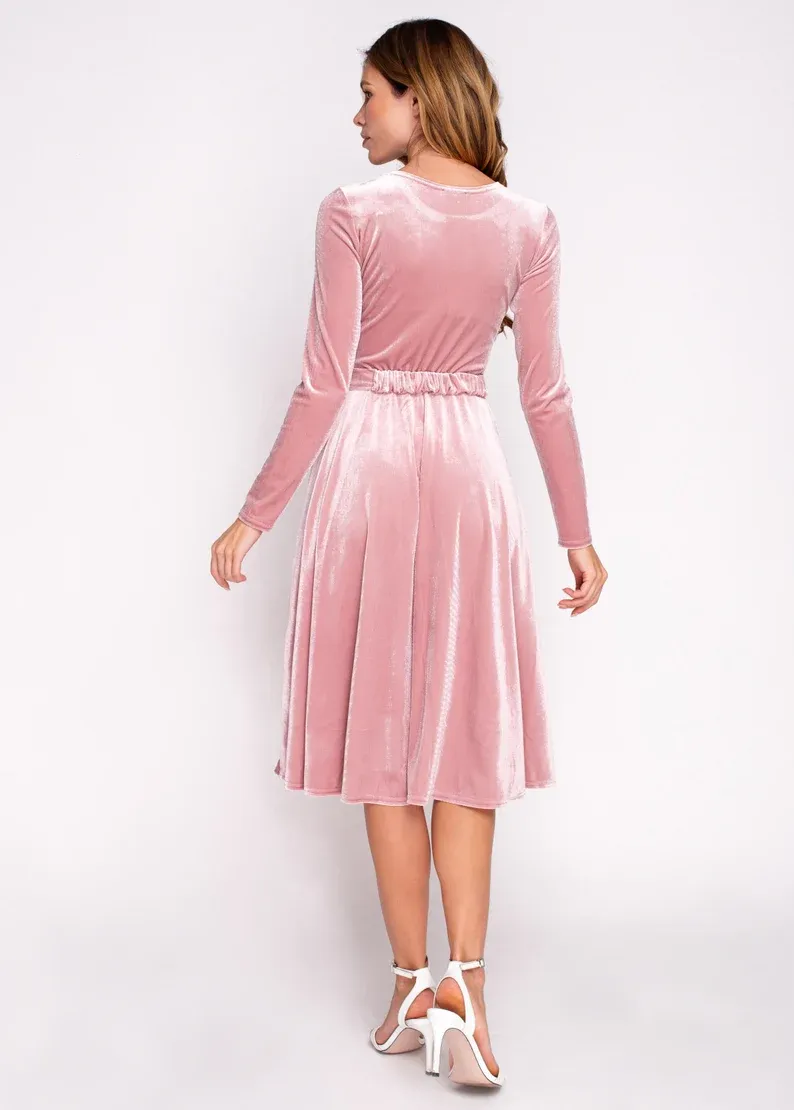 Elegant Velvet Dress Ruched Long Sleeve Formal Dress for Prom Dresses