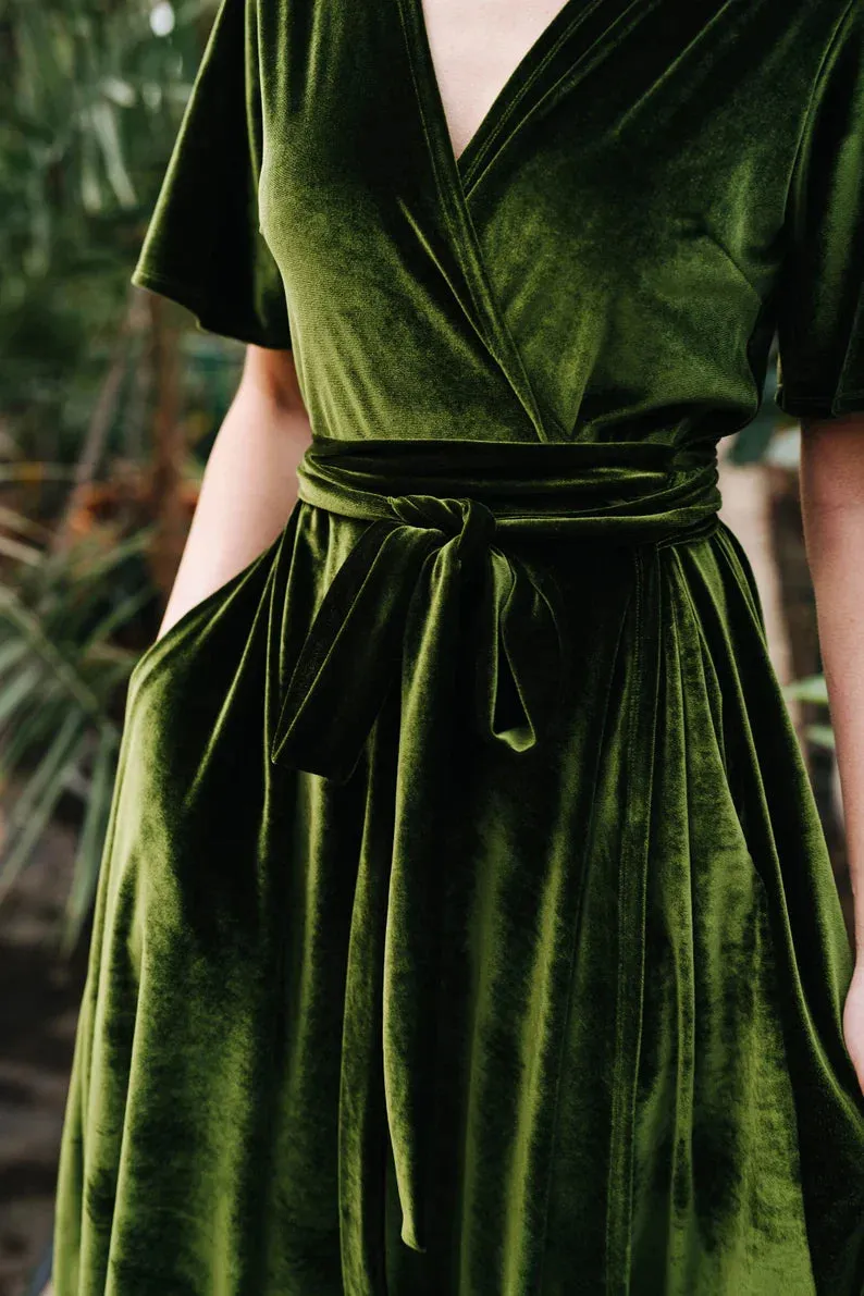 Elegant Velvet Dress Short Sleeves Dress V Neck Formal Dress for Wedding Guest Dresses