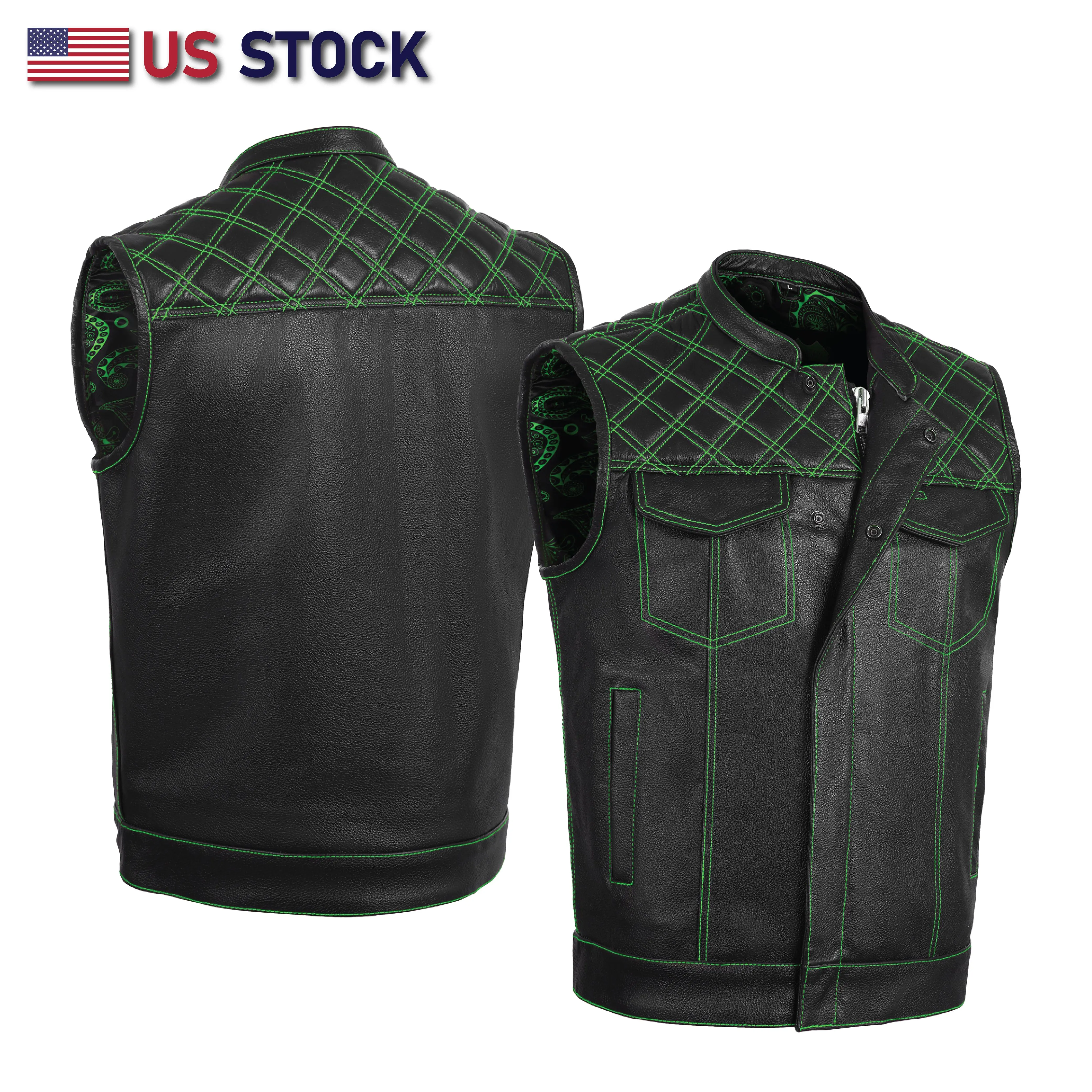 GREEN HL11693SPTGREEN  Black Men Cross Stitch Club Leather Vest