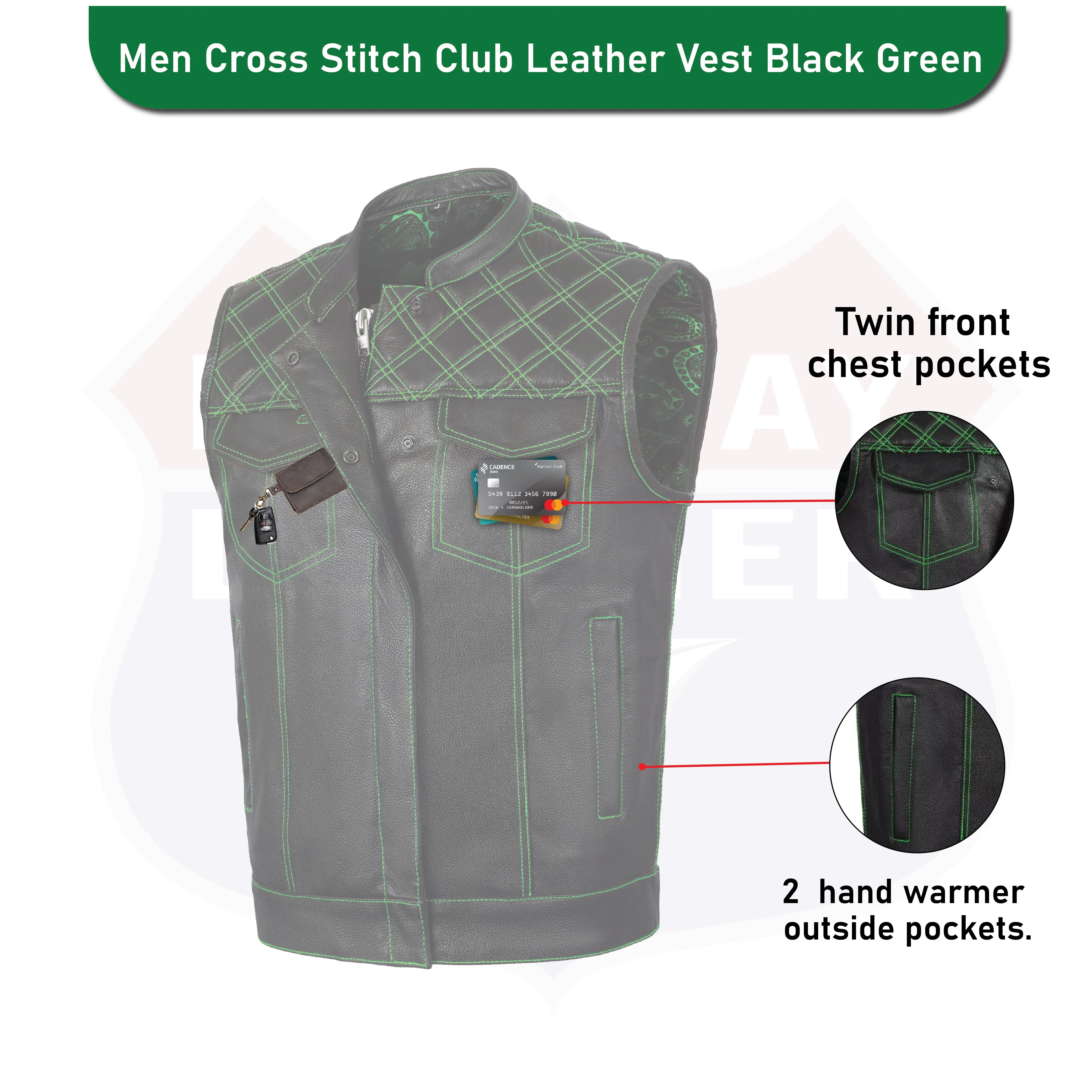 GREEN HL11693SPTGREEN  Black Men Cross Stitch Club Leather Vest