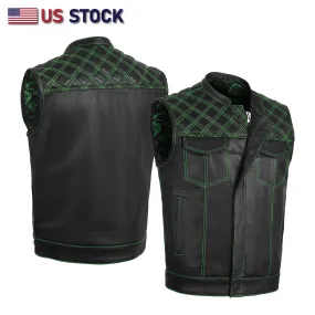 GREEN HL11693SPTGREEN  Black Men Cross Stitch Club Leather Vest